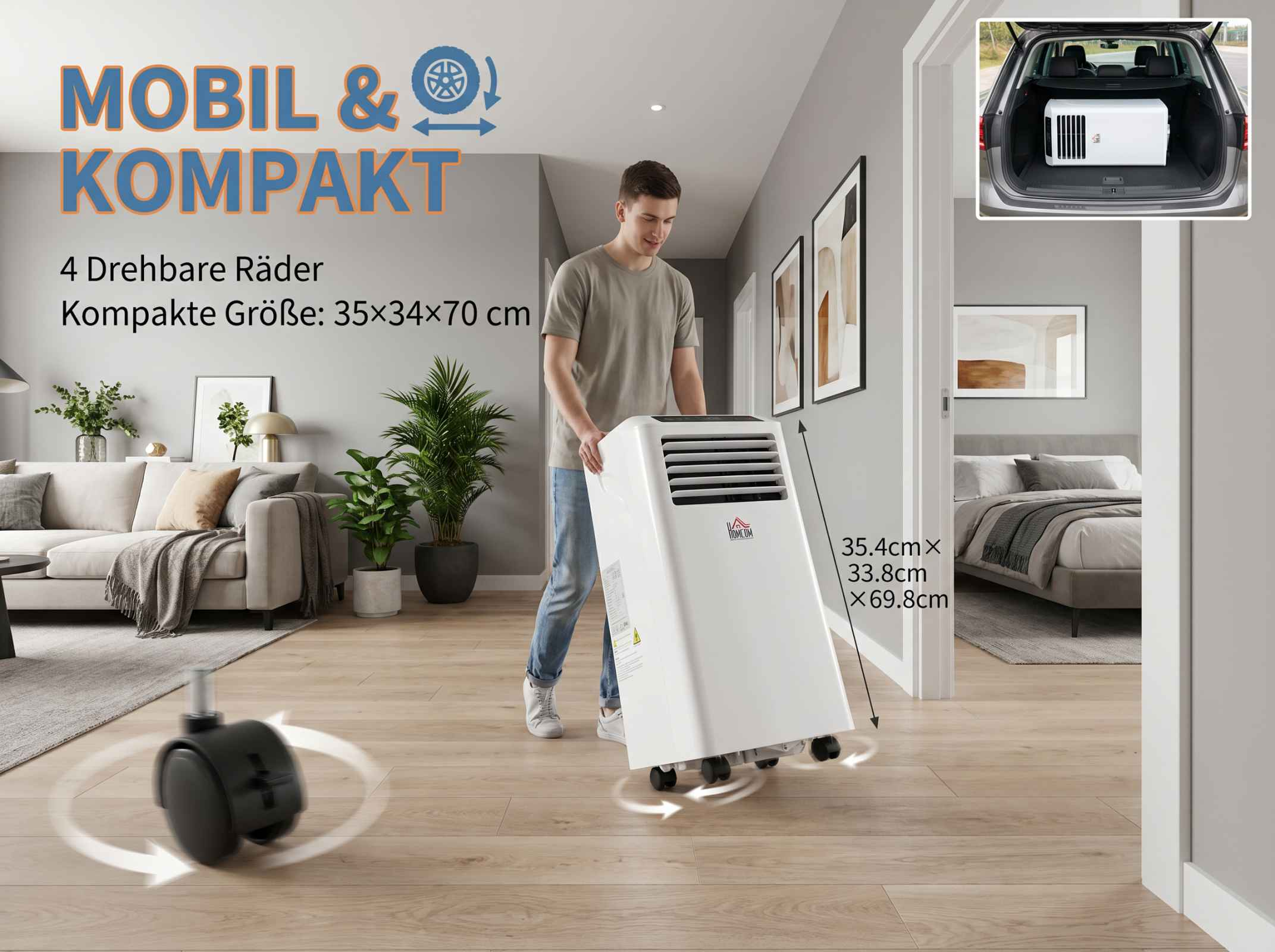 Ein Mann schiebt ein weißes Klimagerät auf Rollen durch einen Flur.