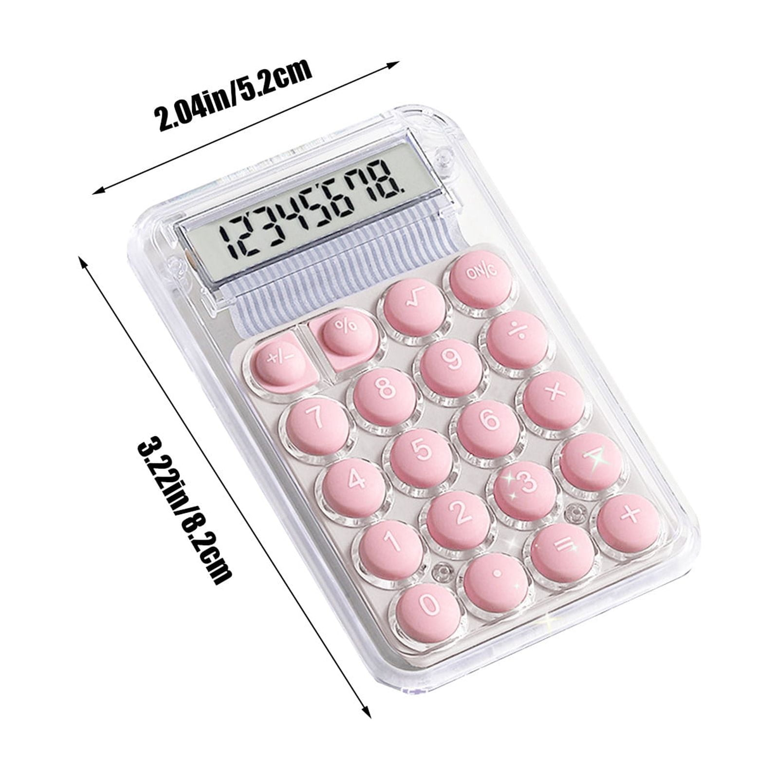 Ein durchsichtiger Taschenrechner mit rosa Tasten und einem Display, das 12345678 anzeigt.