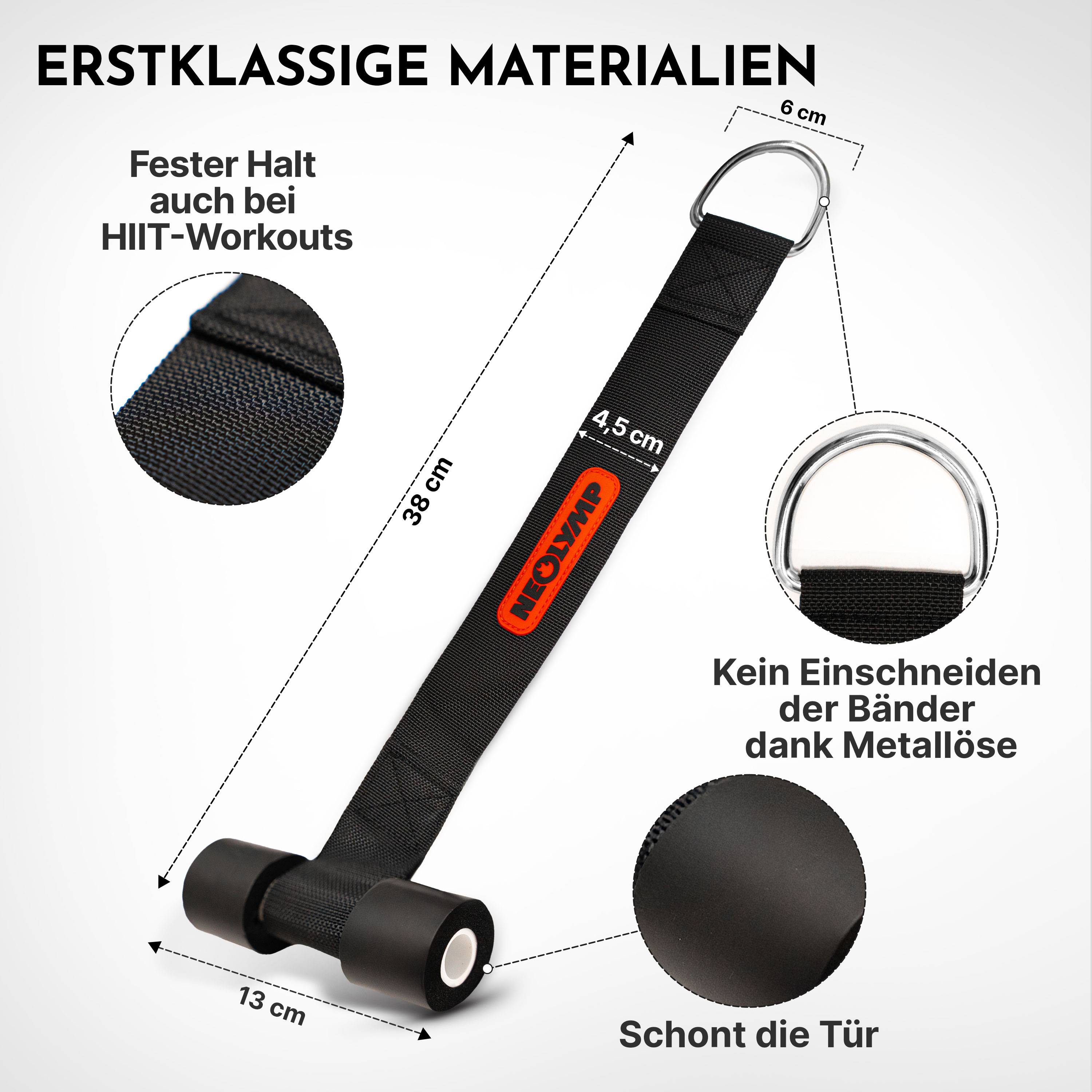 Ein schwarzes Trainingsband mit silbernem Ring und schwarzen Griffen. Maße sind angegeben.