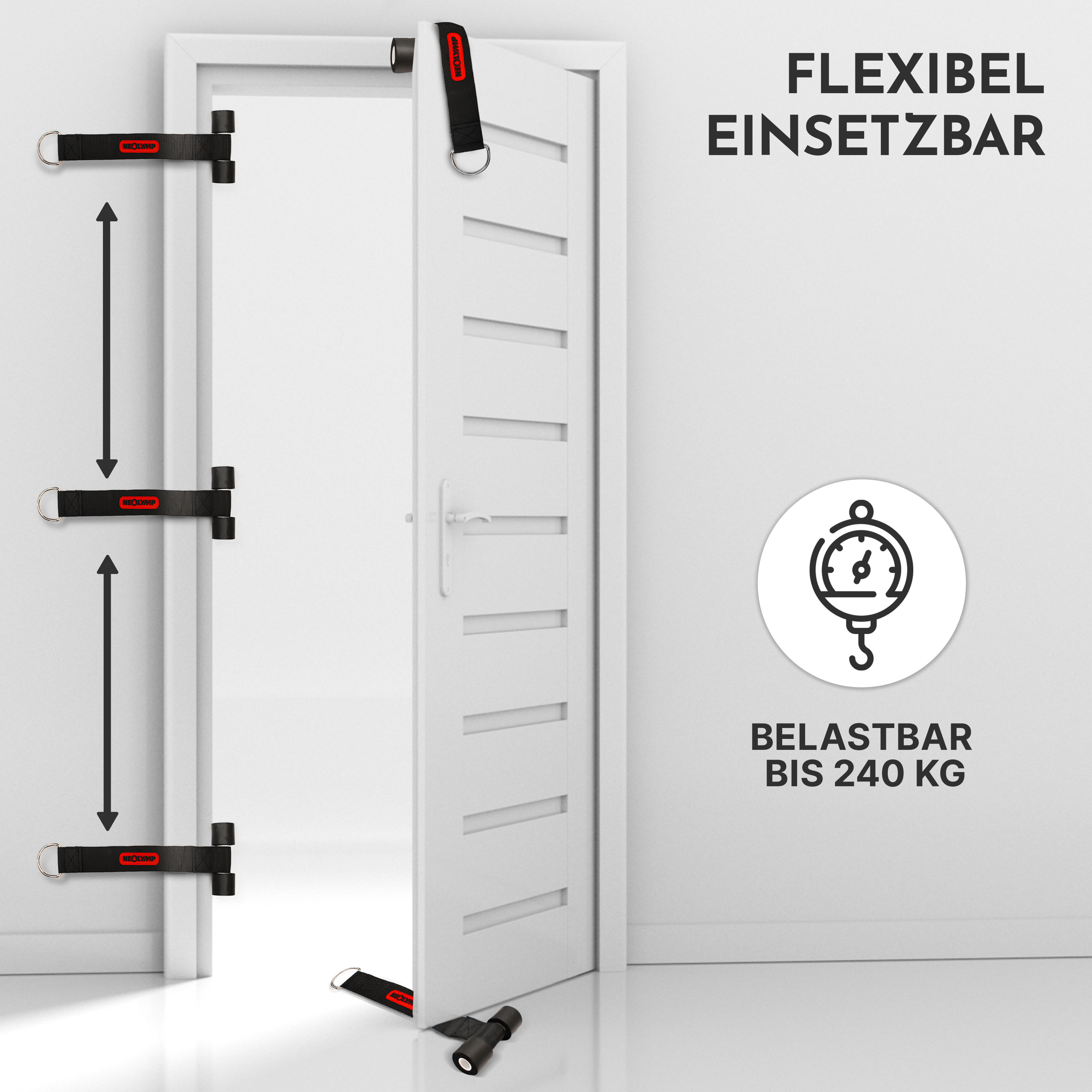 Türrahmen-Trainingsgerät mit zwei Befestigungspunkten, belastbar bis 240 kg.