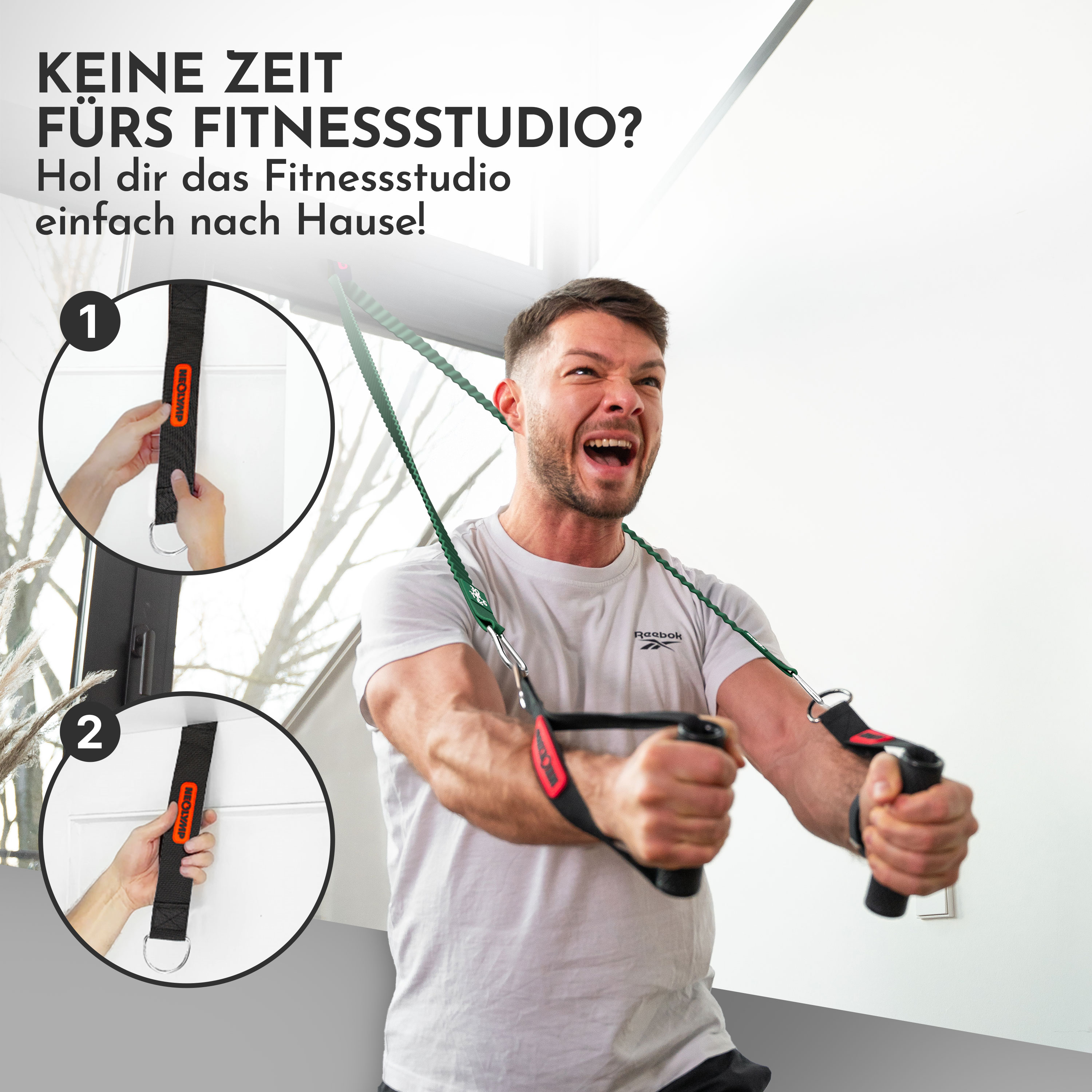 Mann mit Widerstandsband im Home-Fitnessstudio, mit Anleitung.