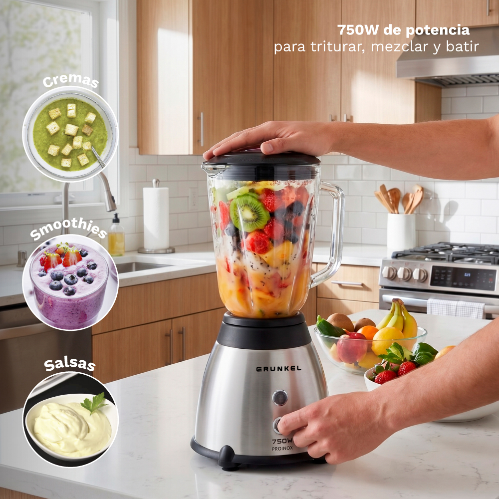 Una licuadora plateada con frutas, una mano operándola. A su lado hay imágenes de cremas, batidos y salsas.