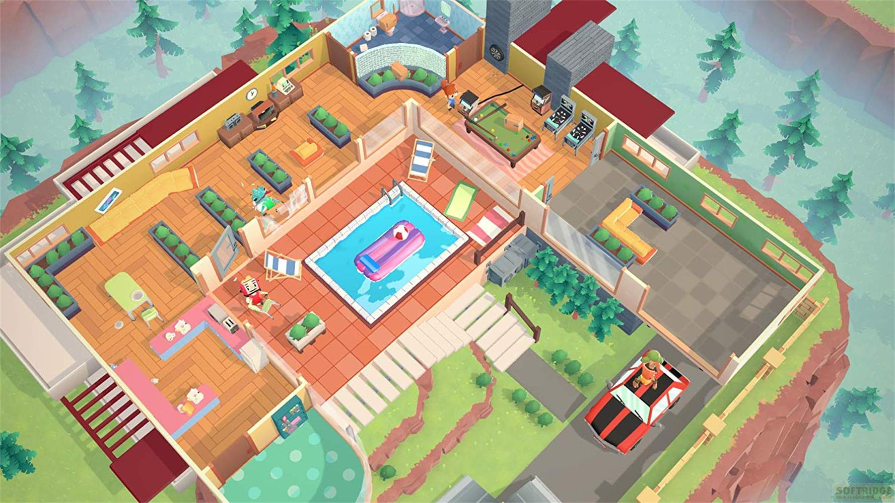 Ein Haus mit Pool, Billardtisch, Spielautomaten und einem Auto.
