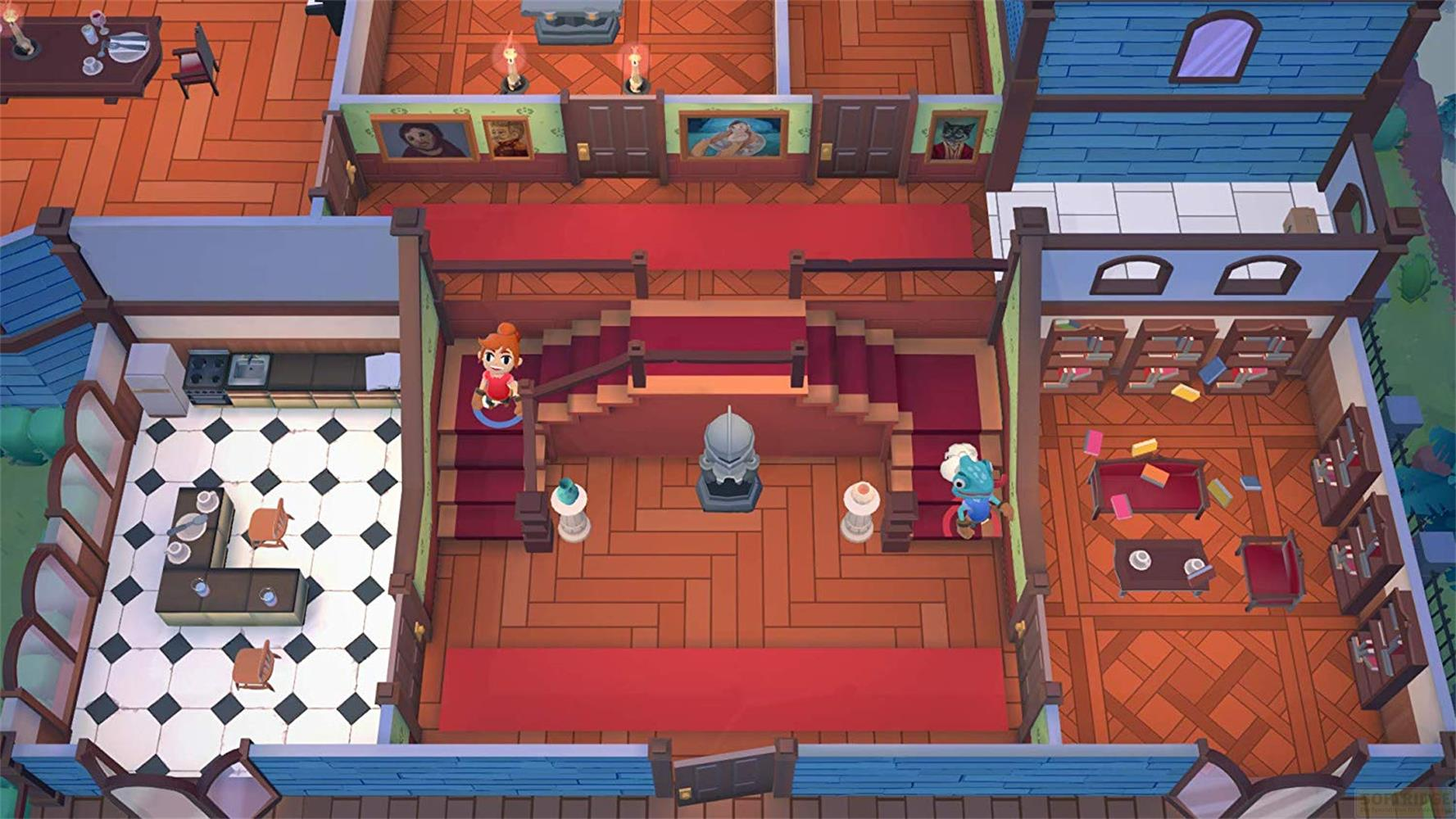 Zwei Figuren in einem Haus mit Treppe, Kche und Bibliothek. Bunte Mbel.