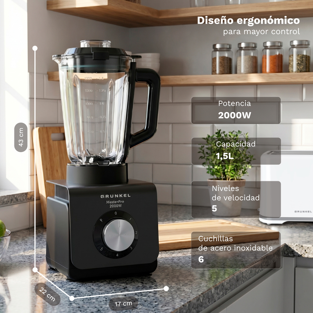 Frullatore nero con caraffa in vetro, 2000W, capacità 1,5L, 5 velocità.
