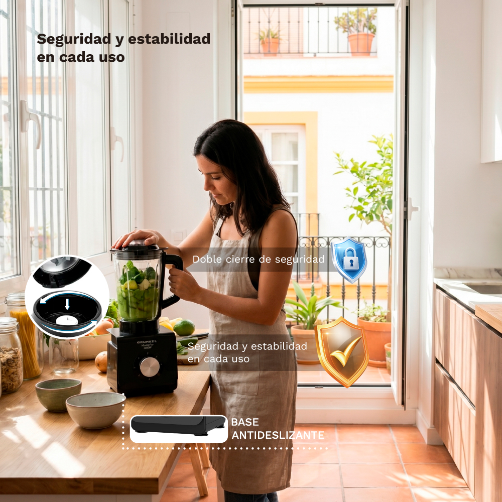 Una donna in cucina usa un frullatore con frutta e verdura. Loghi di sicurezza visibili.