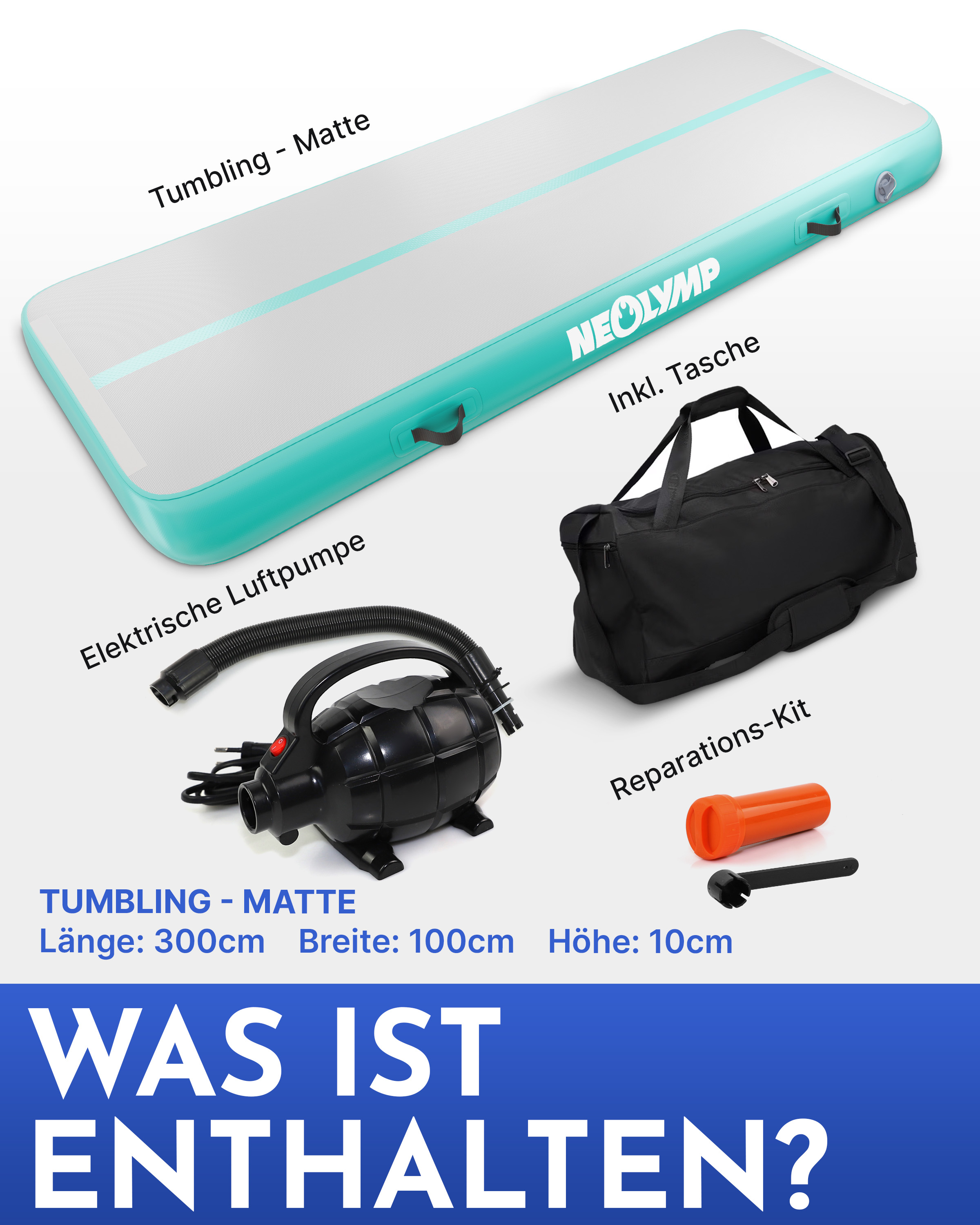 Eine aufblasbare Matte, Pumpe, Tasche und Reparaturkit.