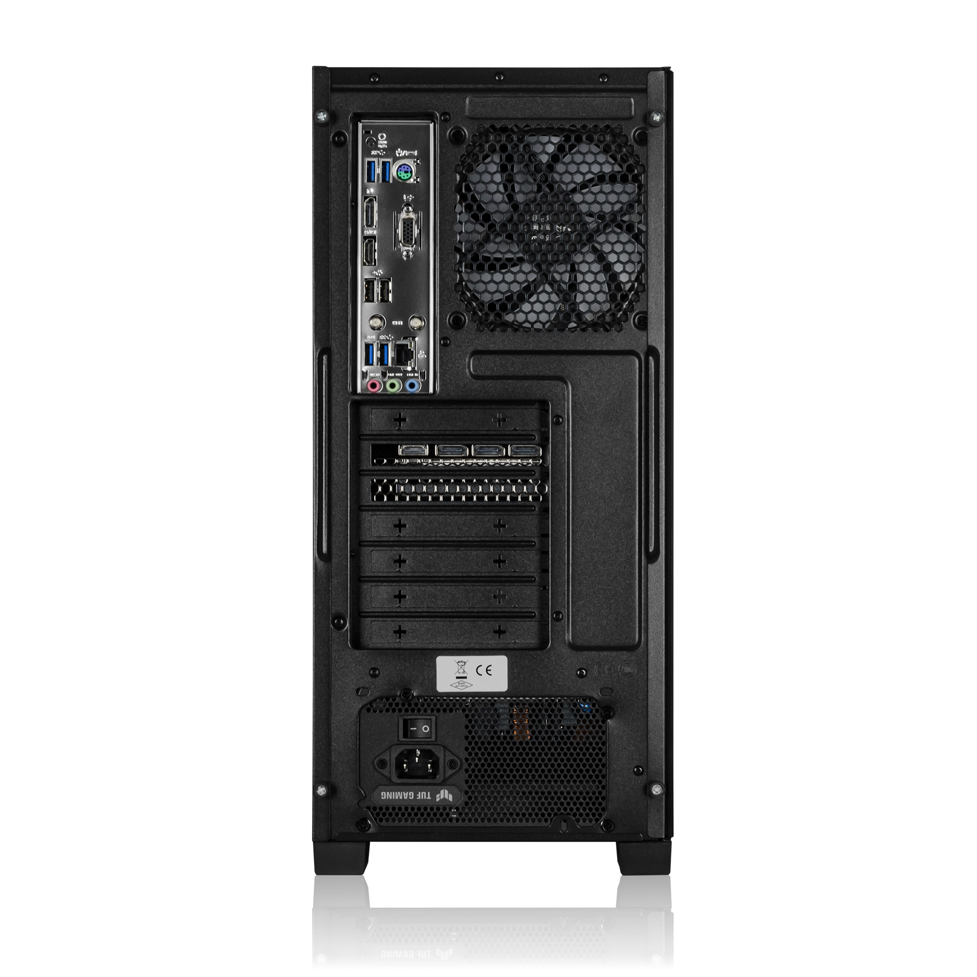 Rückseite eines schwarzen Computergehäuses mit Anschlüssen und Lüfter.