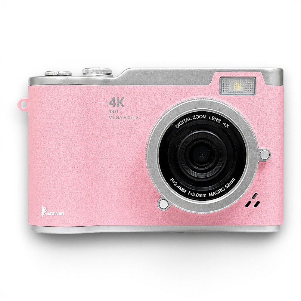 Una cámara digital rosa con resolución 4K y 48 MP. Tiene una banda plateada.