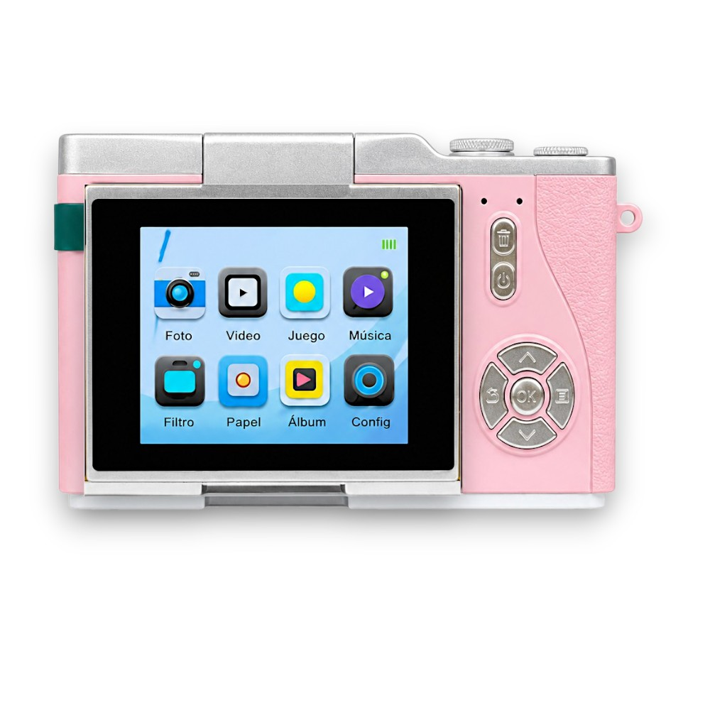 Una cámara digital rosa que muestra iconos de aplicaciones en su pantalla.