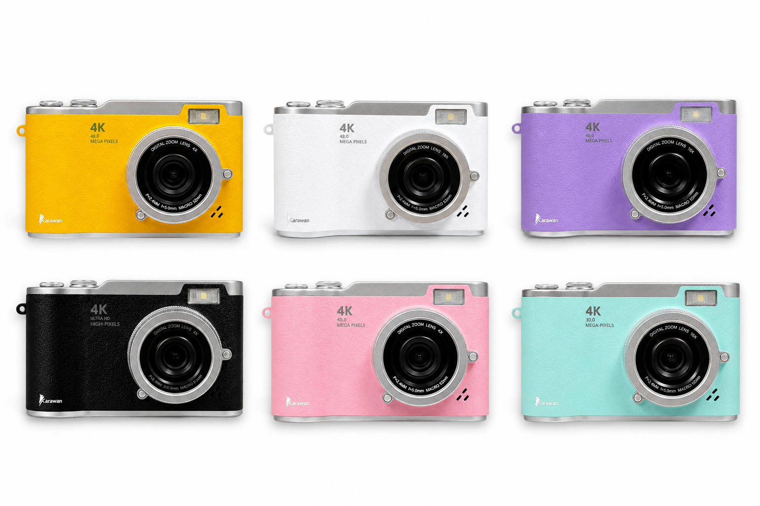 Seis cámaras en amarillo, blanco, morado, negro, rosa y turquesa, una al lado de la otra.