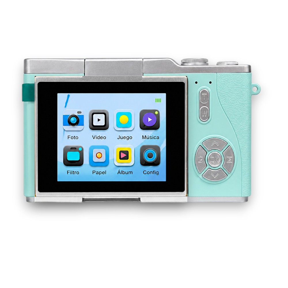 Una cámara digital turquesa con pantalla que muestra iconos de foto, video, juego, música, filtro, papel, álbum, configuración.
