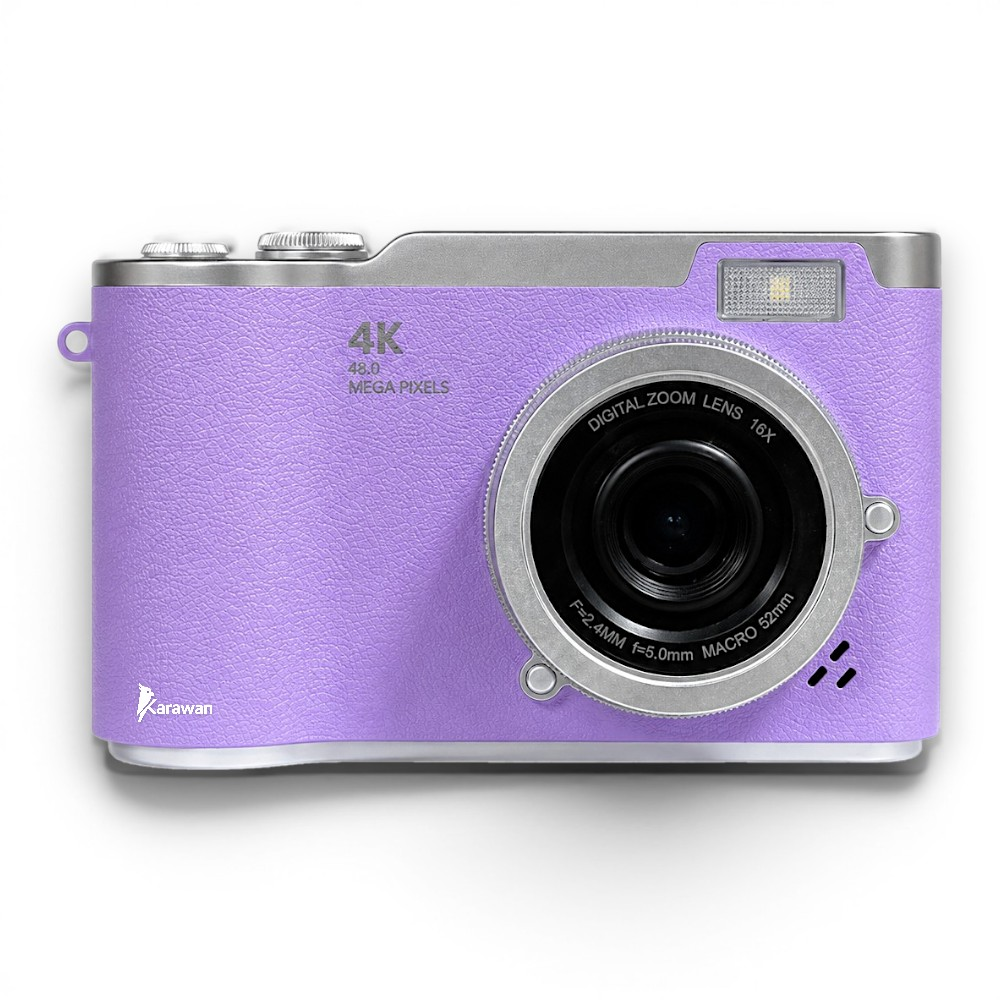 Una cámara digital lavanda con acentos plateados, 4K y 48 megapíxeles.
