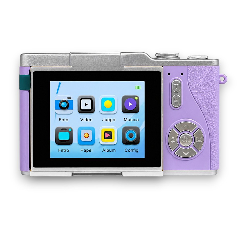 Una cámara digital morada que muestra varios iconos de aplicaciones en su pantalla.