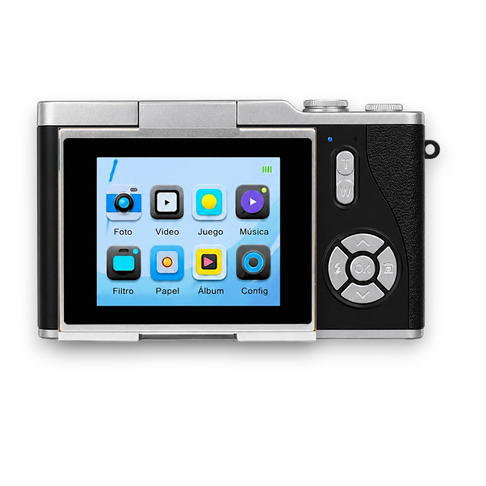 Cámara digital con menú en pantalla: Foto, Video, Juego, Música, Filtro, Papel, Álbum, Config.