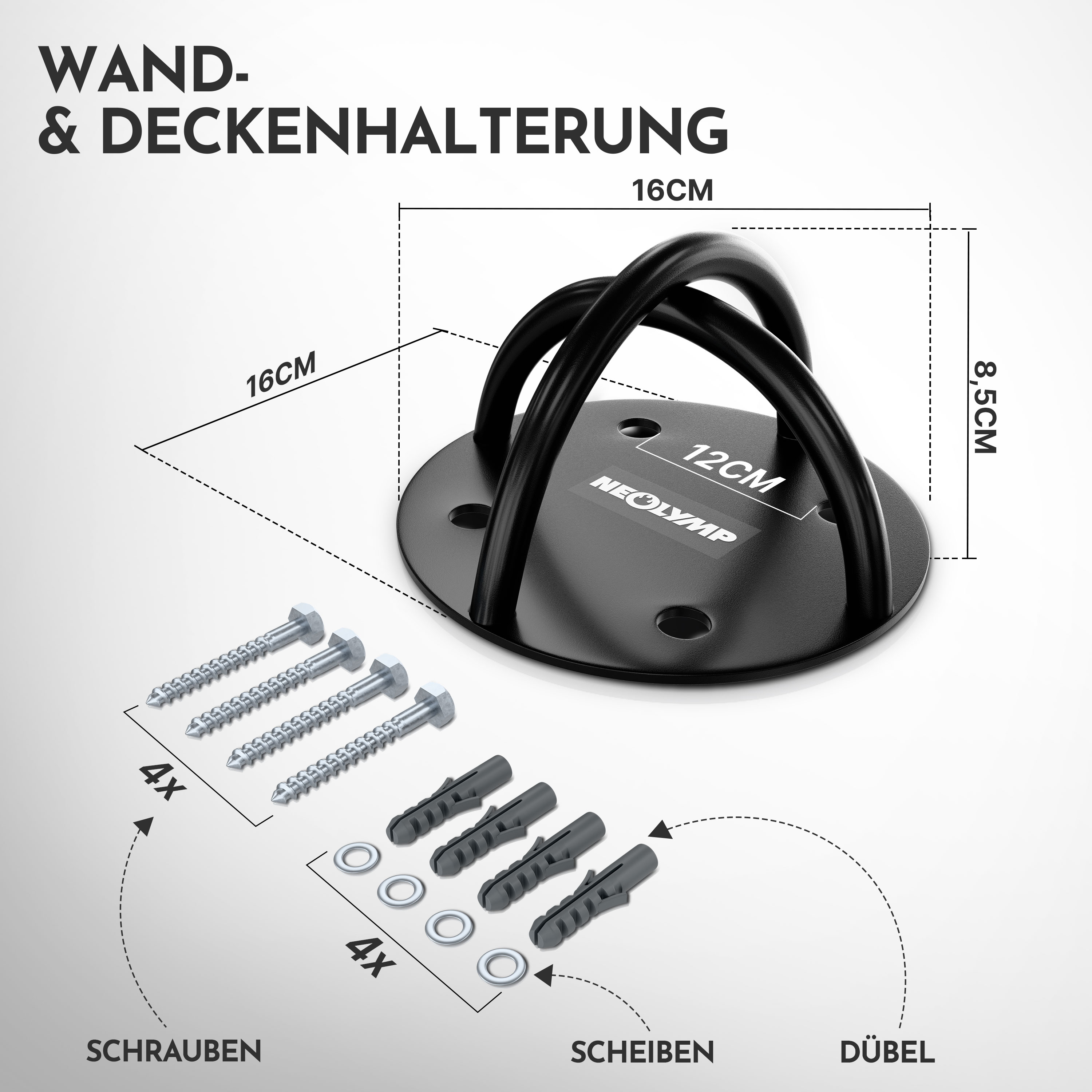 Schwarzer Decken-/Wandhalter mit Schrauben und Dübeln.