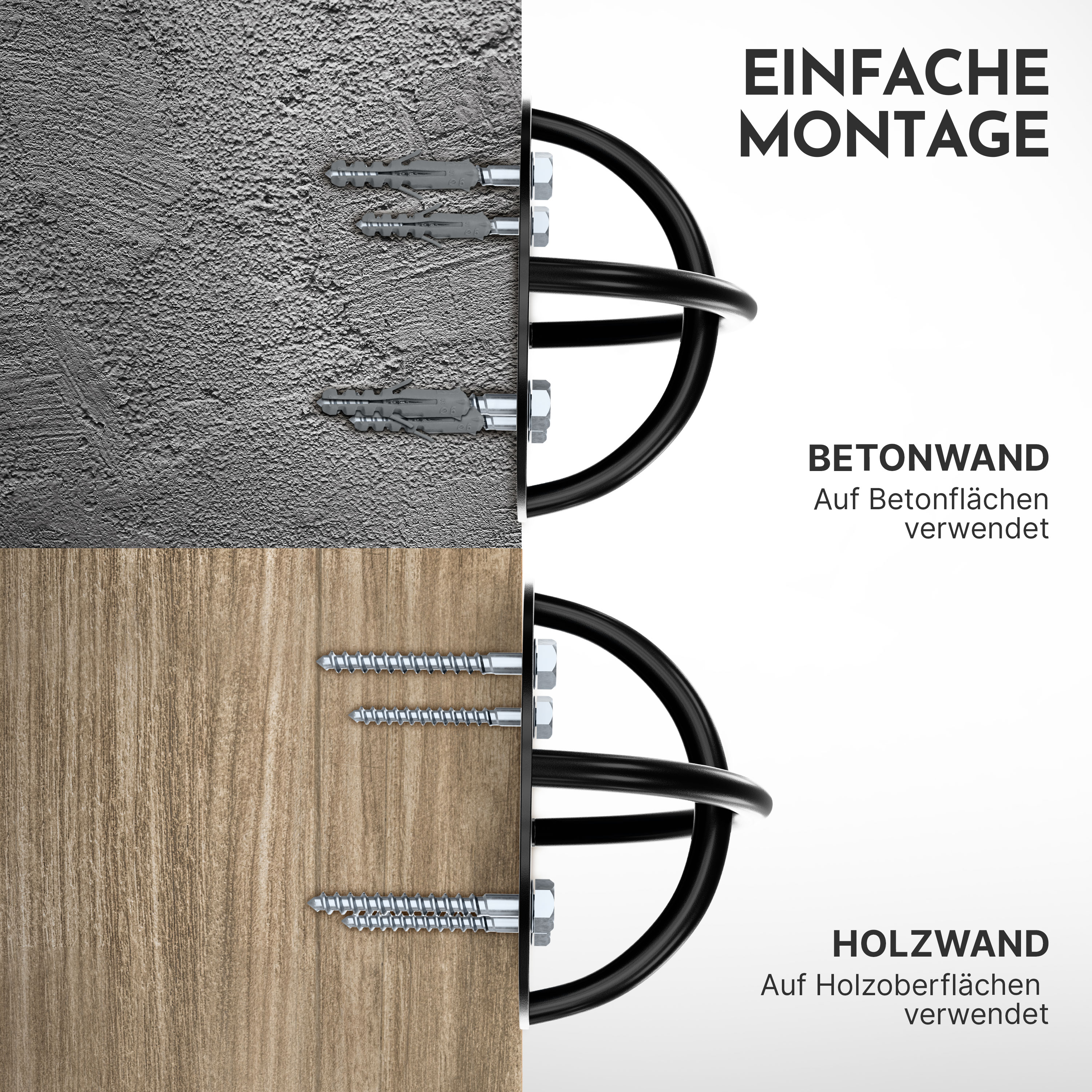 Zwei Montagearten: Dübel in Betonwand, Schrauben in Holzwand.