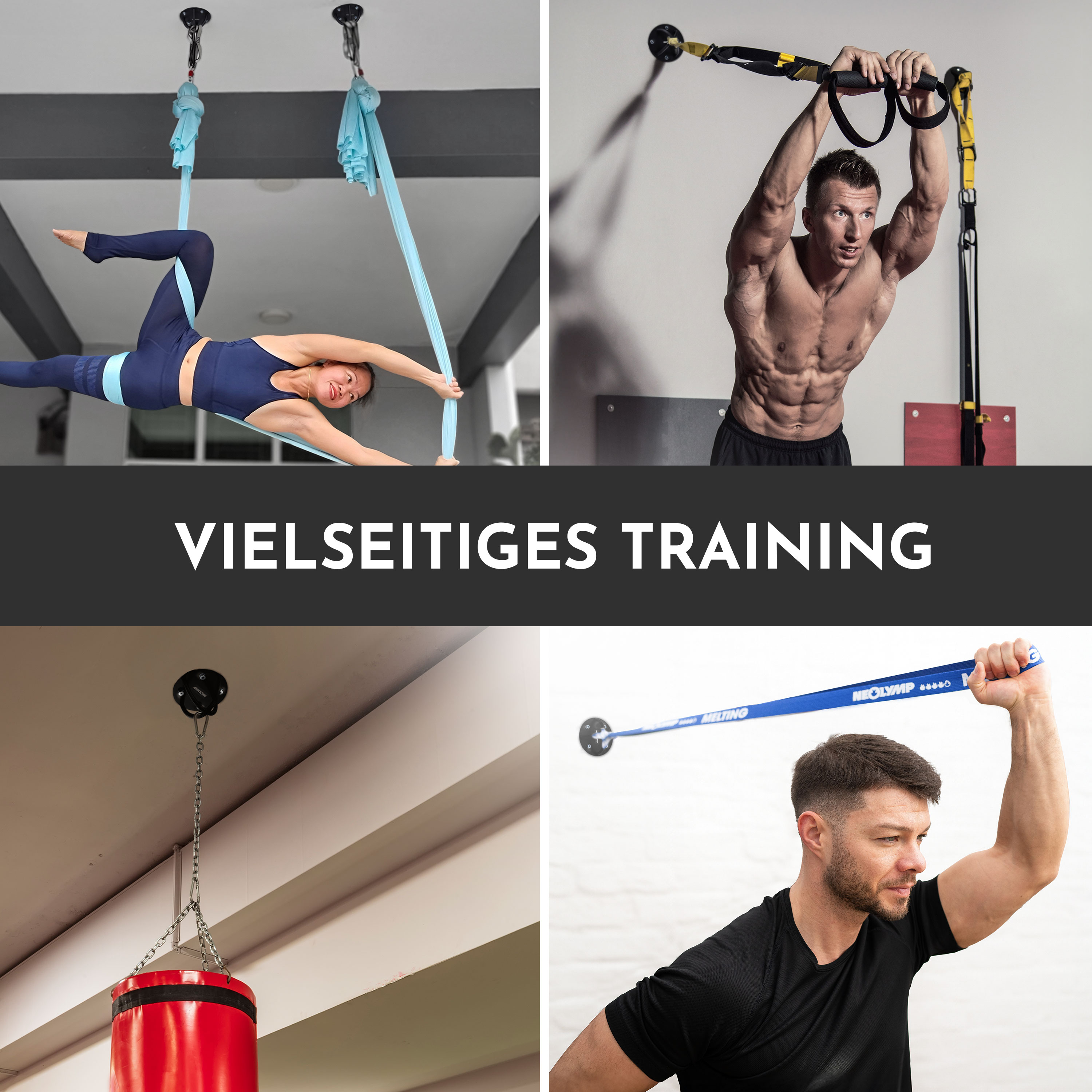 Vier Bilder zeigen Fitnessübungen: Aerial Yoga, TRX-Training, Boxsack und Bandtraining.