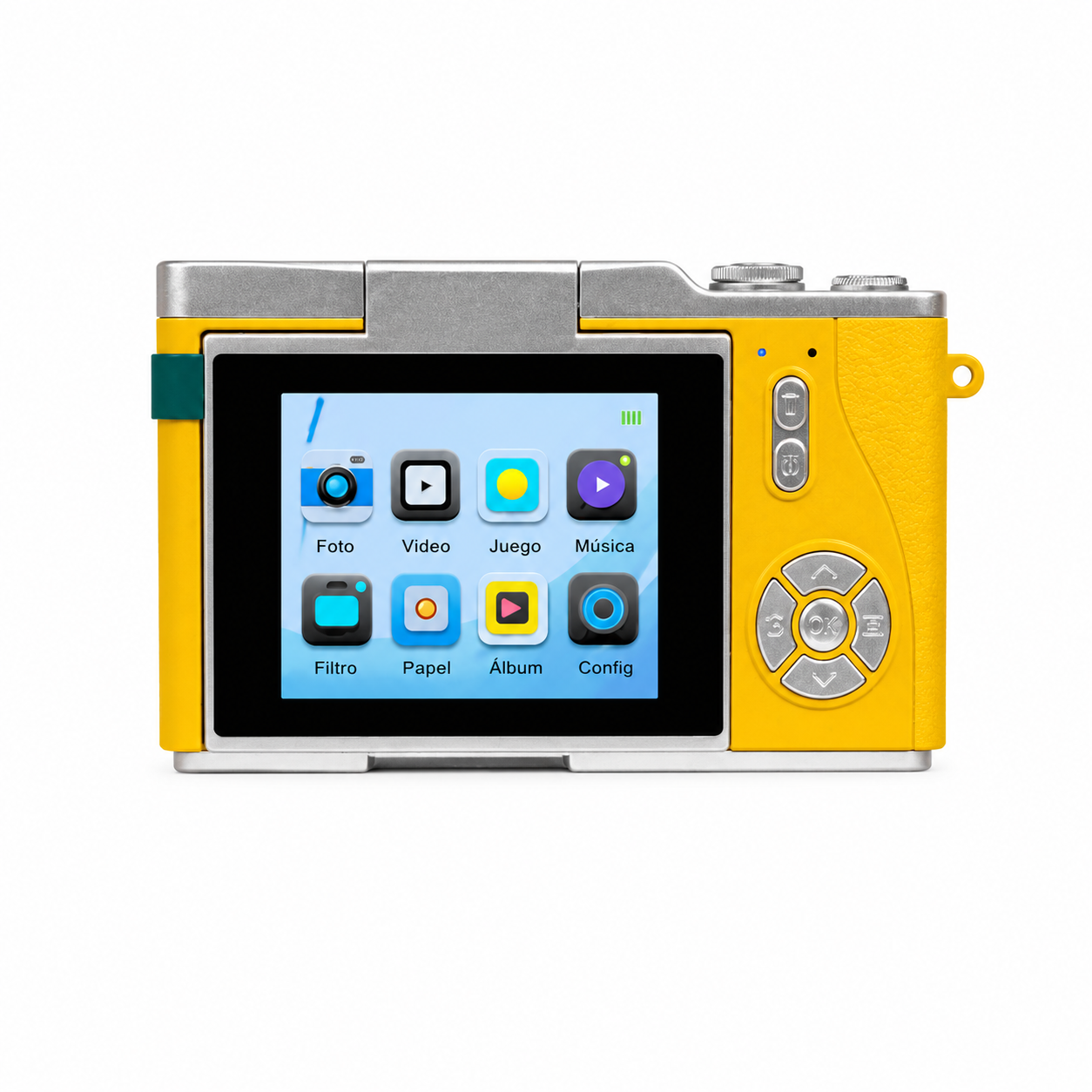 Una cámara digital amarilla con parte superior plateada y pantalla táctil con iconos.