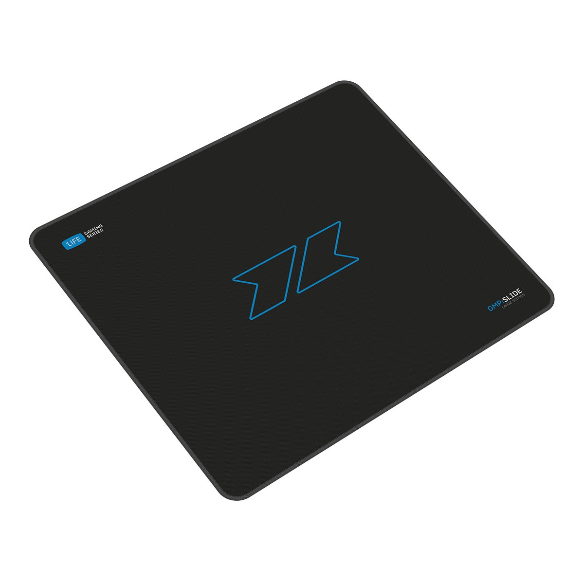 Tappetino per mouse nero con logo blu e testo nell'angolo.