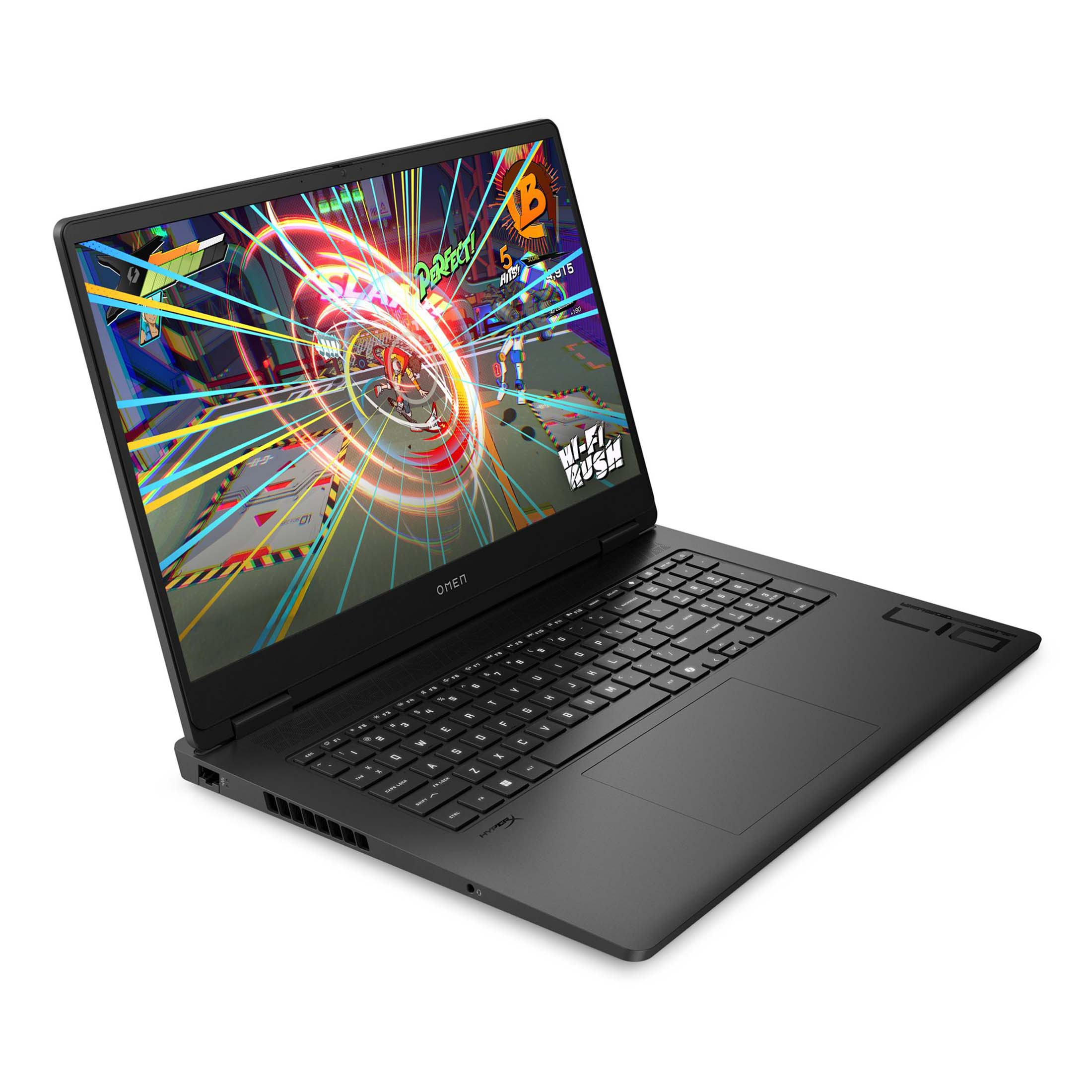 Schwarzer Laptop mit beleuchtetem Bildschirm, der ein buntes Spiel zeigt.