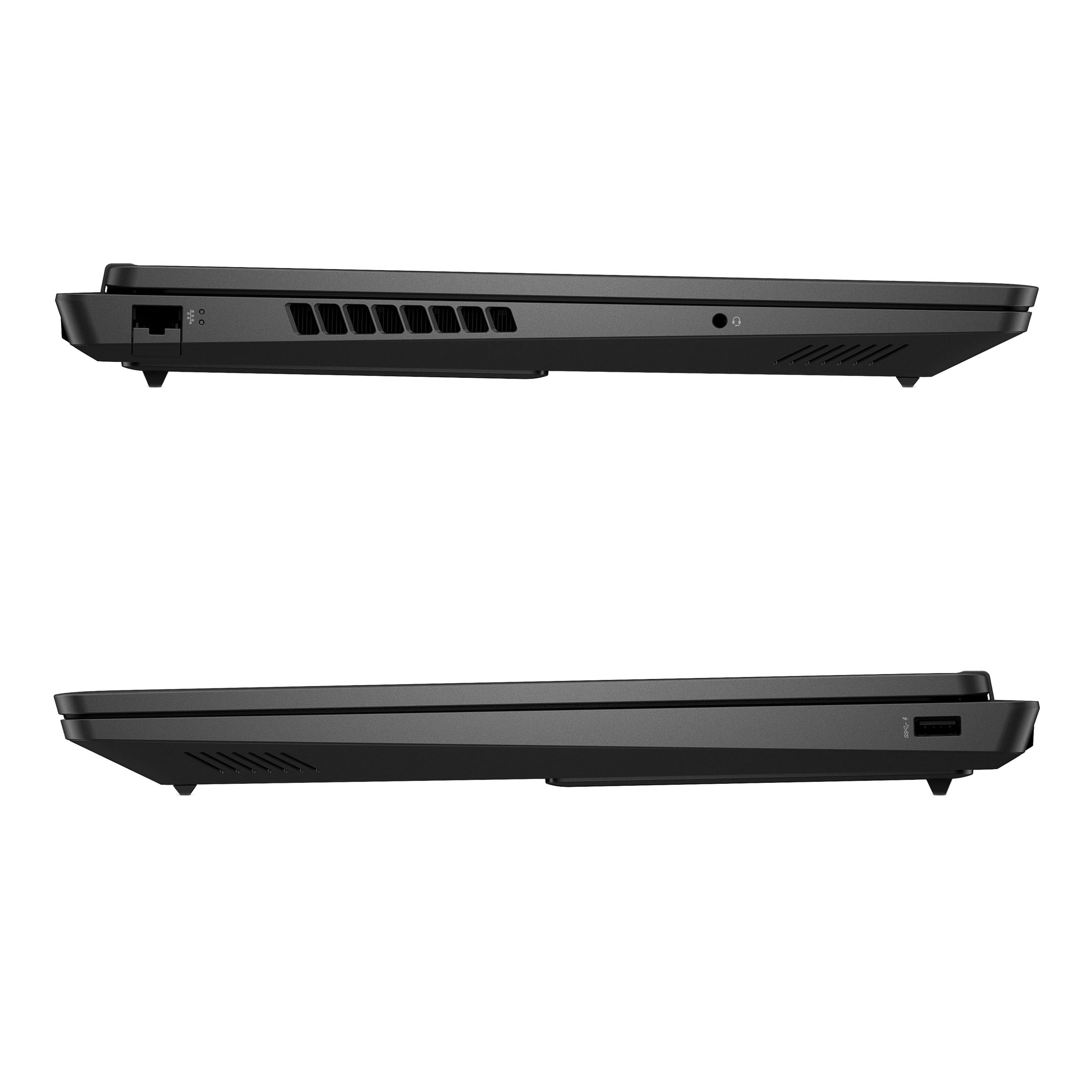 Oben: Laptop-Seite mit Anschlüssen und Lüftungsschlitzen. Unten: Andere Laptop-Seite mit USB-Anschluss.