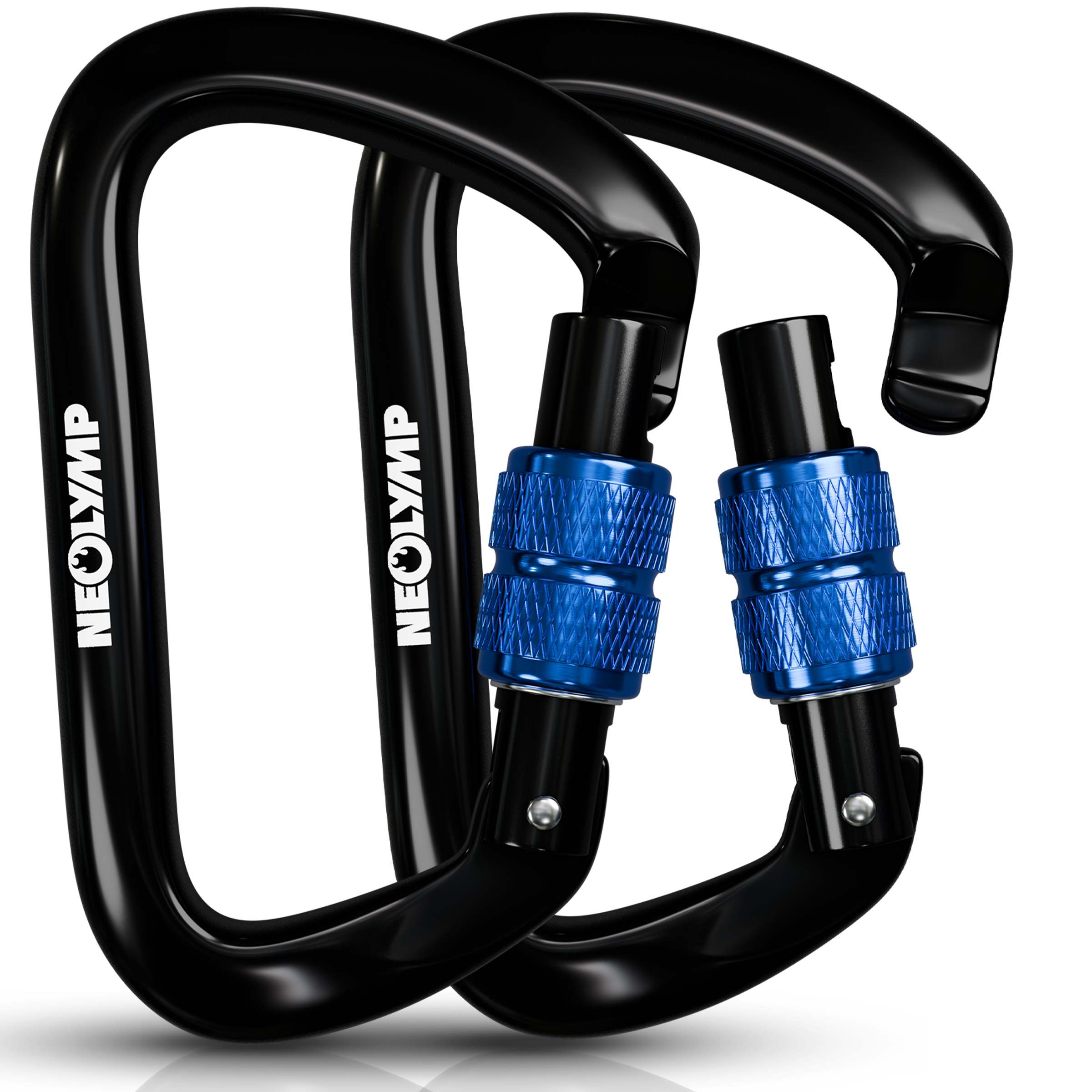 Zwei schwarze Karabiner mit blauen Schraubverschlüssen, einer überlappt den anderen. Text 'NEOLYMP' sichtbar.