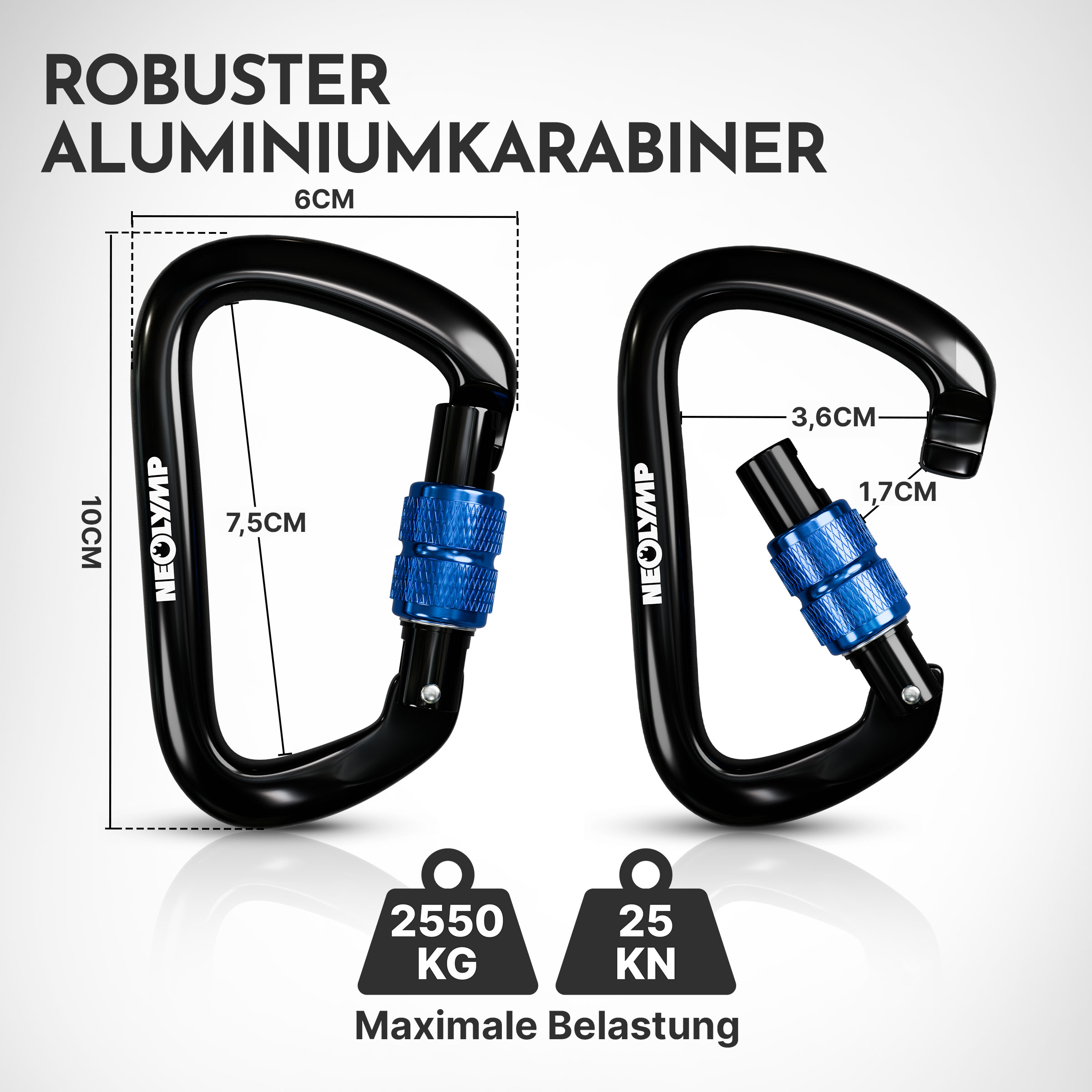 Zwei schwarze Aluminiumkarabiner mit blauen Schraubverschlüssen und Maßangaben.