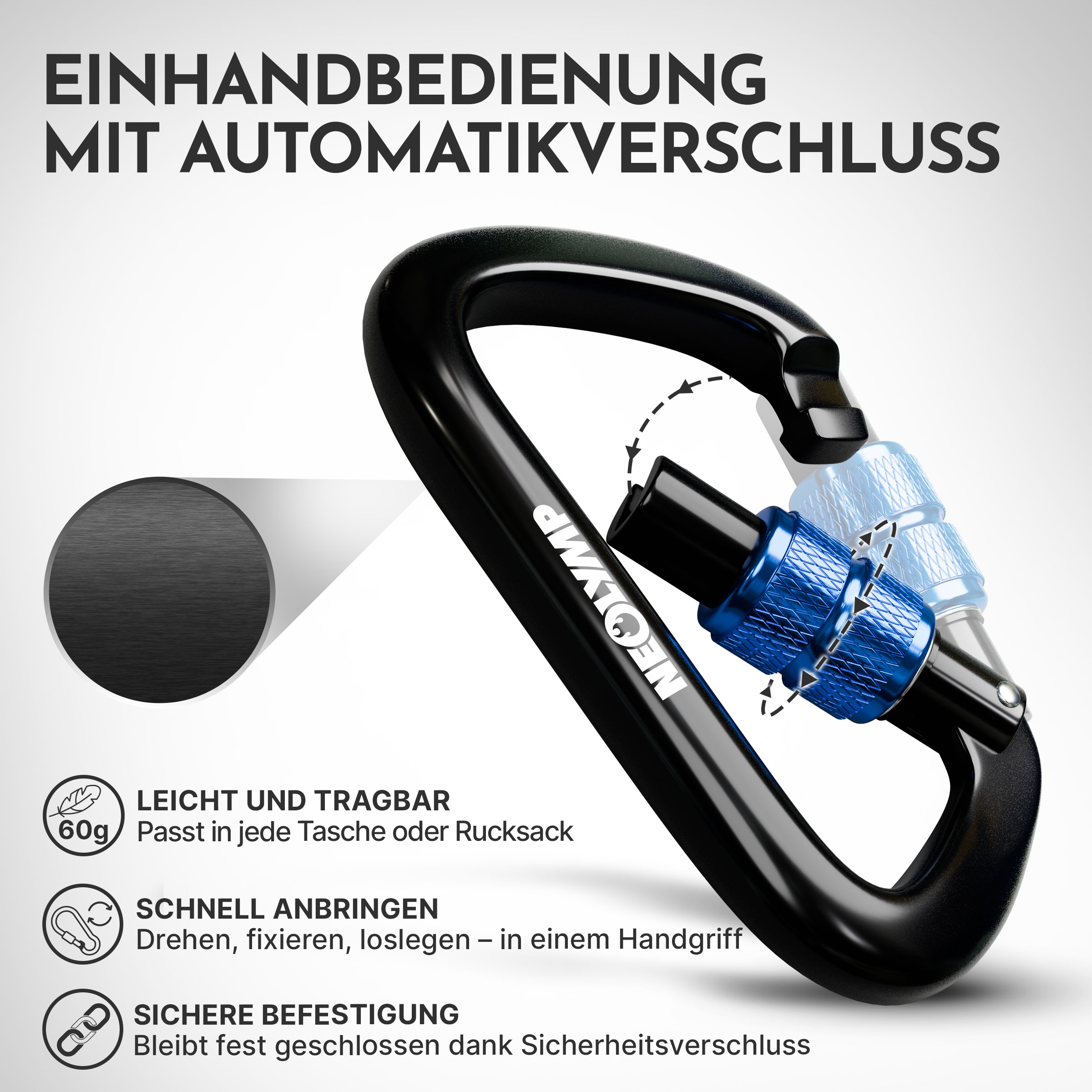 Schwarzer Karabiner mit blauem Schraubverschluss und Text.