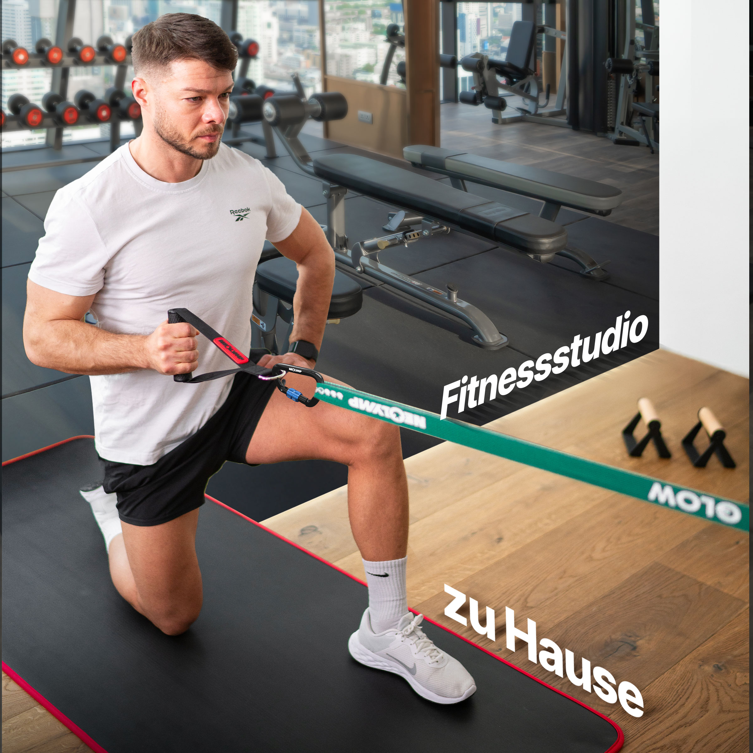 Mann trainiert mit Band im Fitnessstudio mit Hanteln und Bänken im Hintergrund.