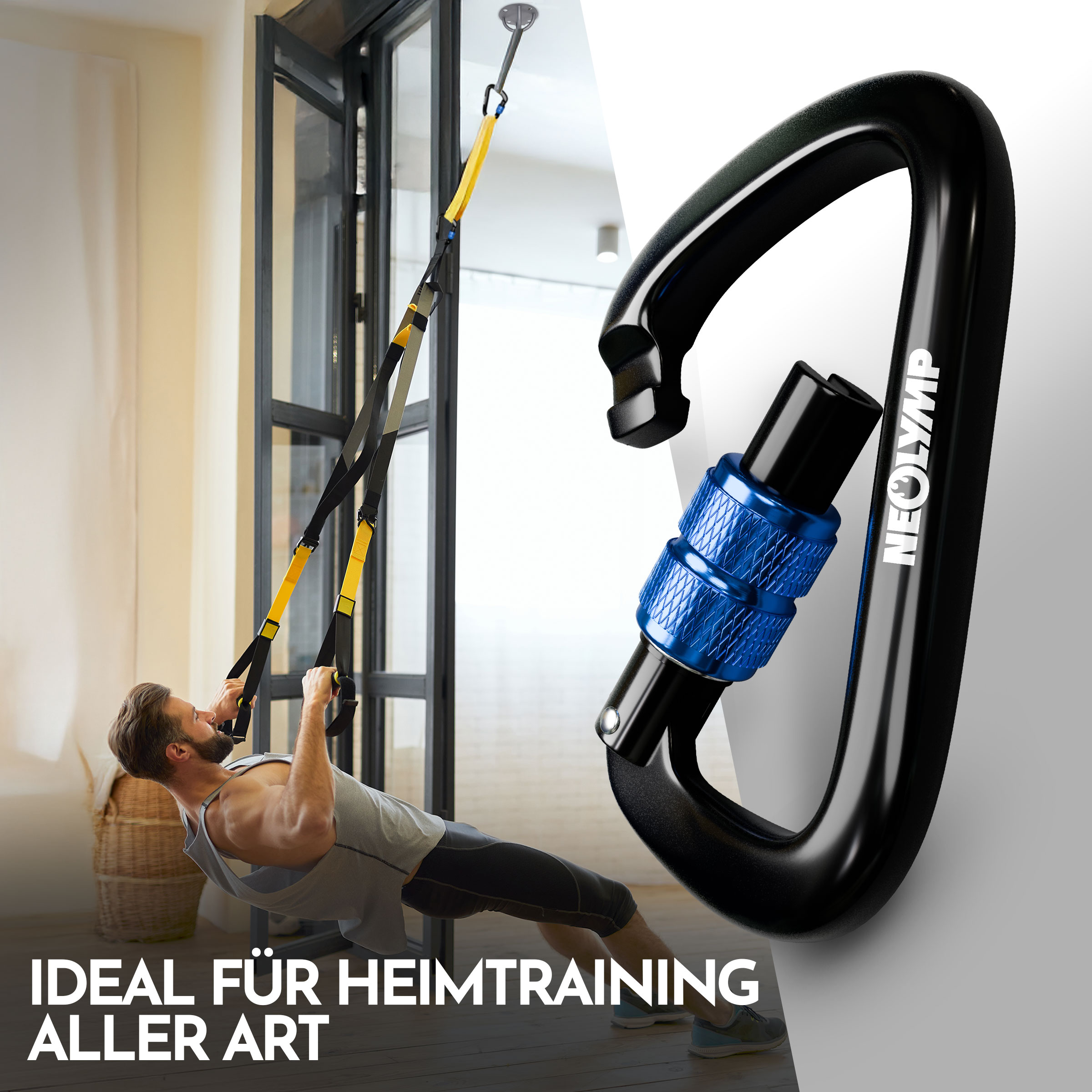 Mann trainiert mit TRX-Bändern, ein Karabiner ist im Vordergrund.