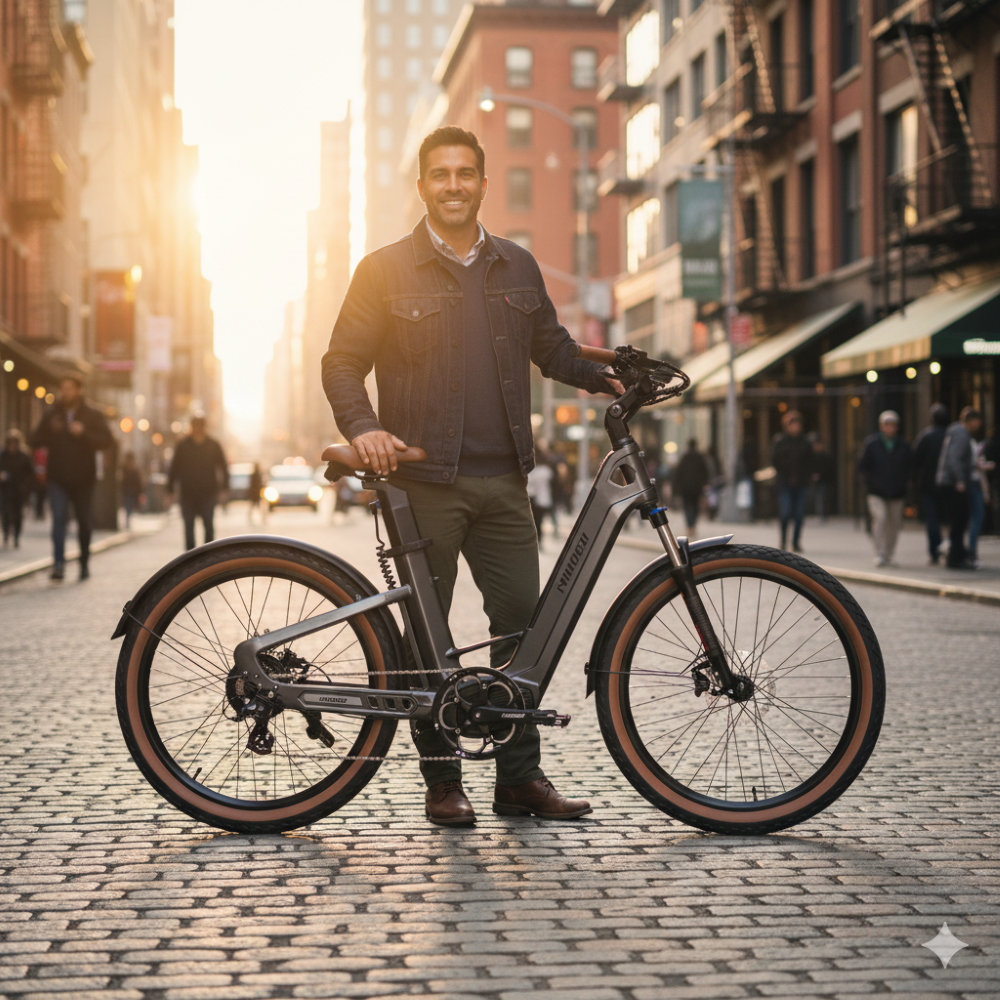 Un hombre está con una bicicleta eléctrica en una calle adoquinada al atardecer.