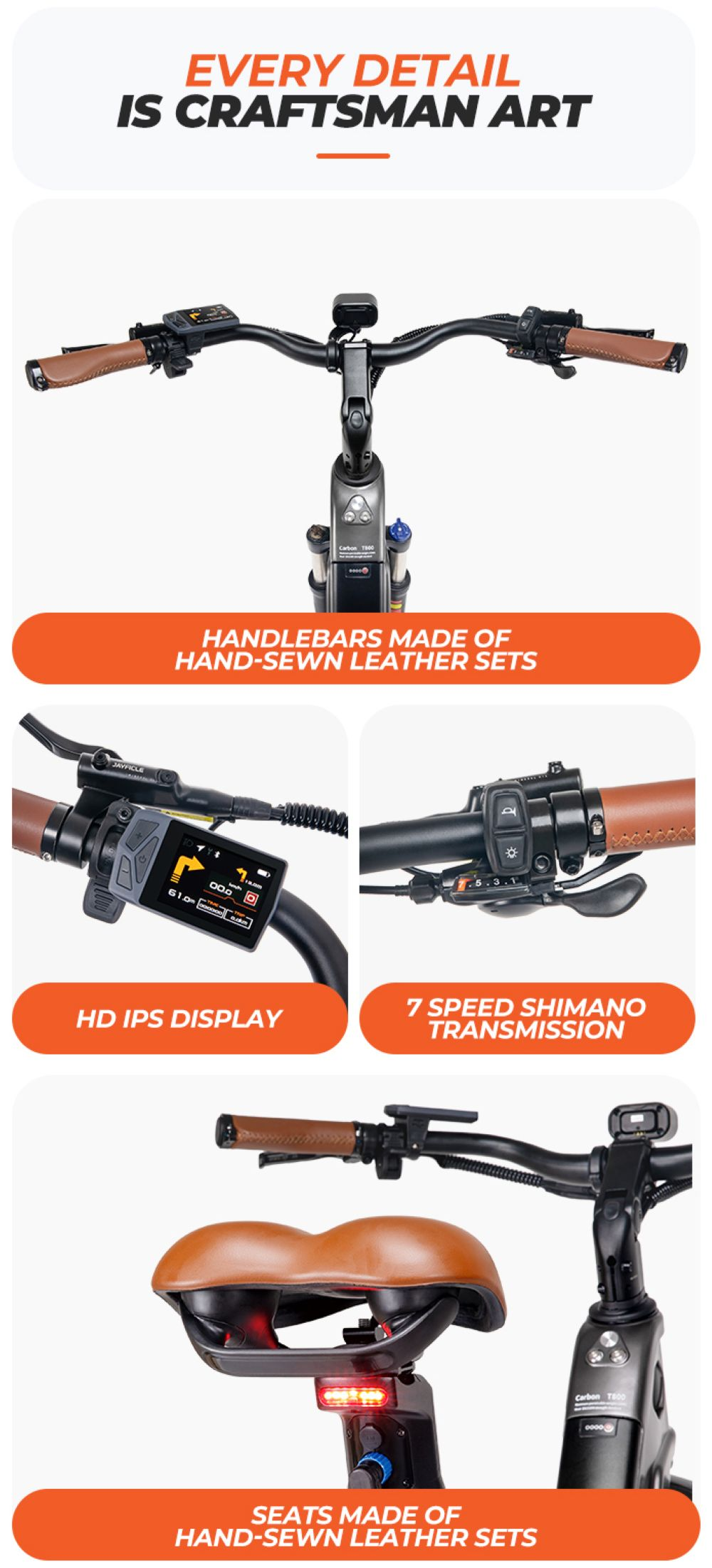Detalles de la bici eléctrica: manillar de cuero, pantalla HD, transmisión Shimano 7 velocidades, asiento de cuero.