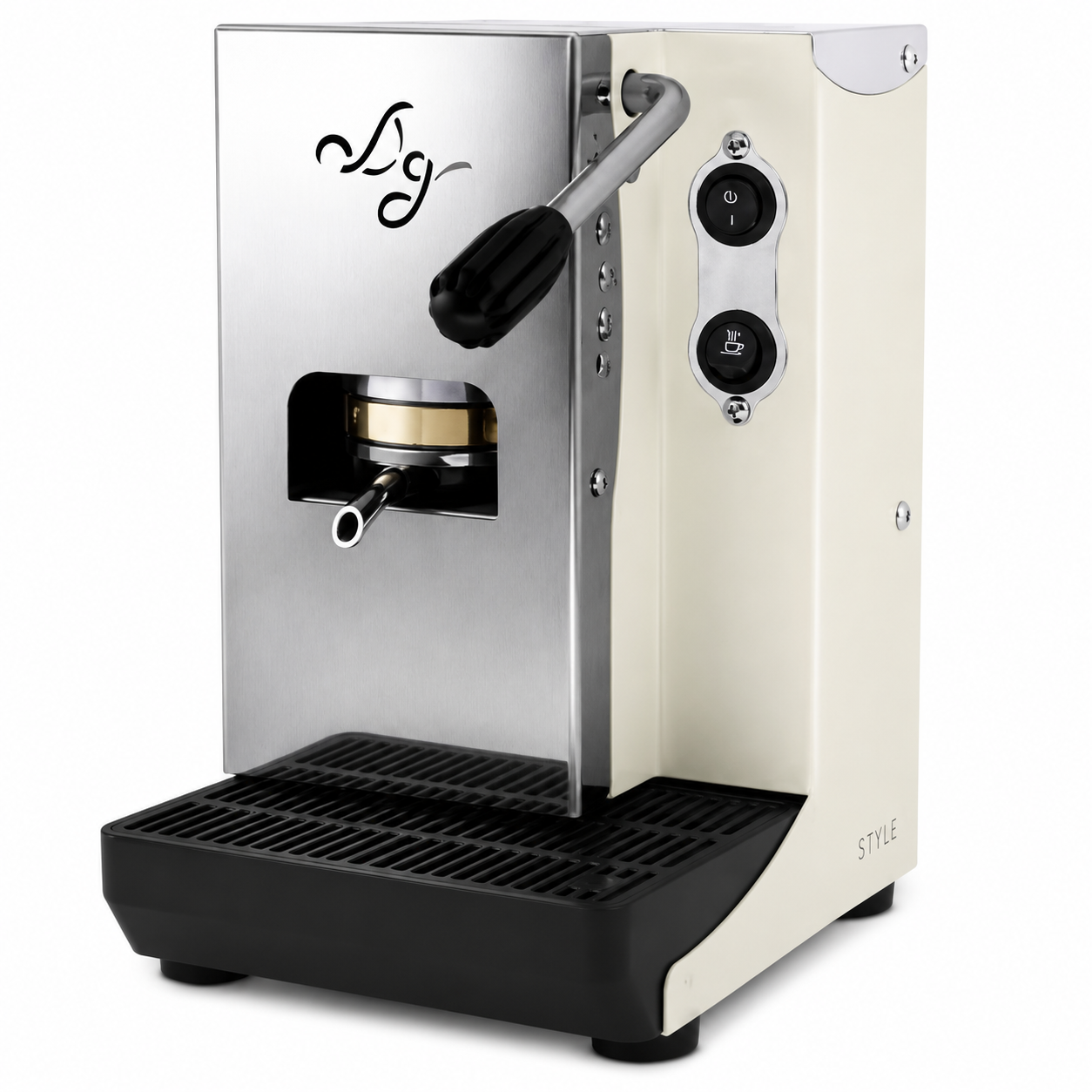 Una macchina per espresso color crema con frontale argentato e vassoio raccogligocce nero.