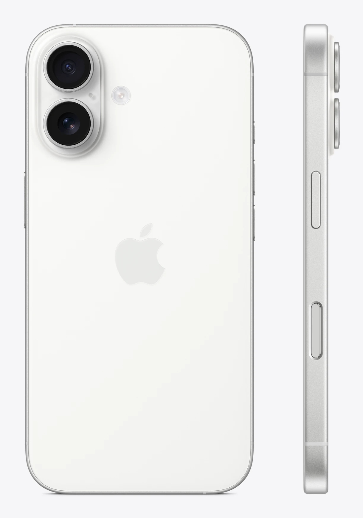 Un iPhone blanco con dos cámaras y un logo de Apple, mostrado de frente y de lado.