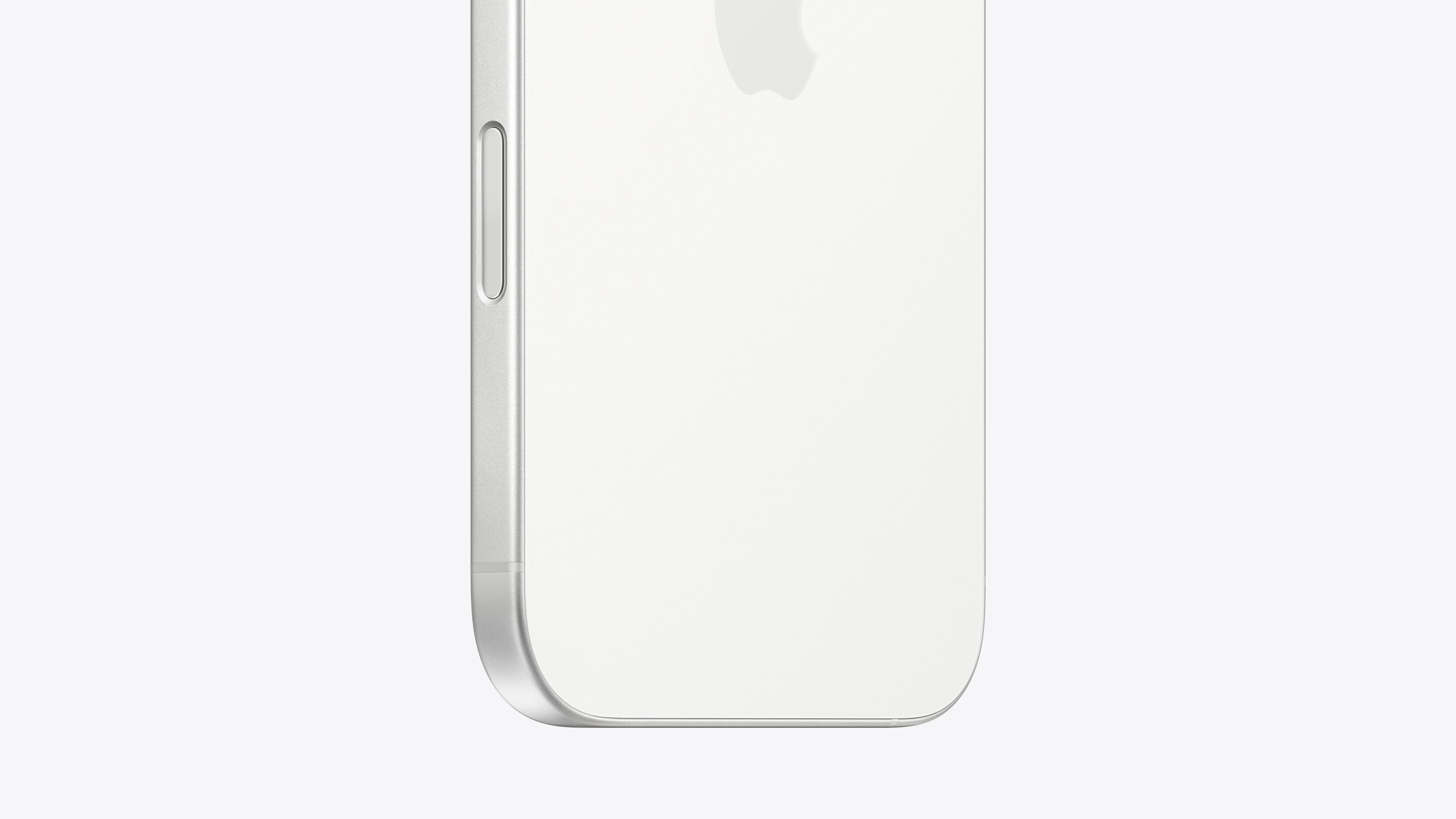 Primer plano de la parte trasera blanca de un smartphone con logo de Apple y marco plateado.