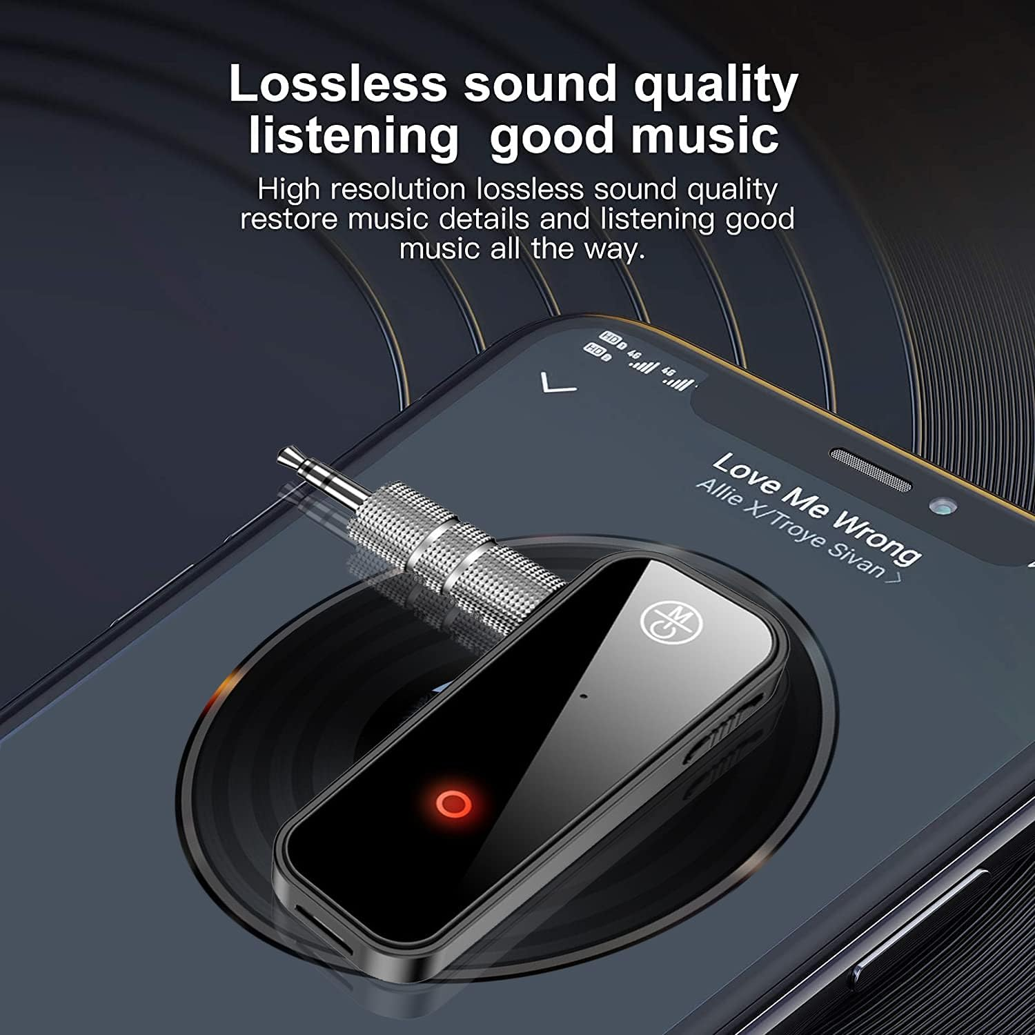 Ein schwarzer Audiotransmitter mit einem roten Kreis auf einem Smartphone mit Musikwiedergabe.
