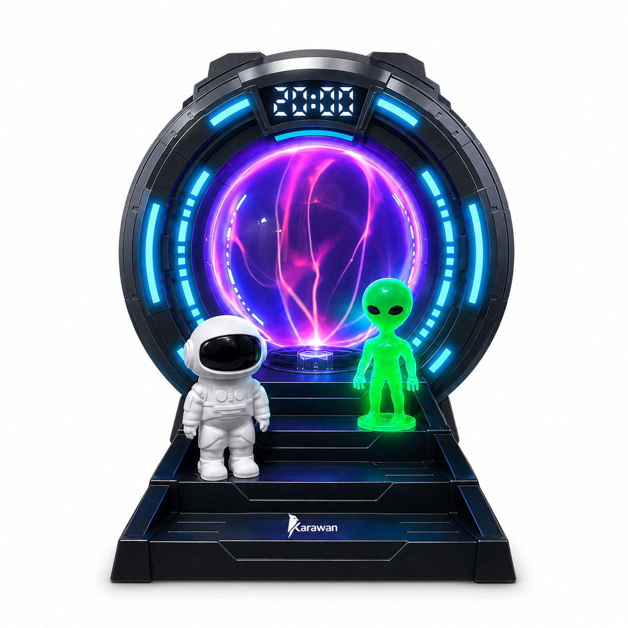 Un astronauta y un alienígena frente a un portal con plasma púrpura y luces azules.