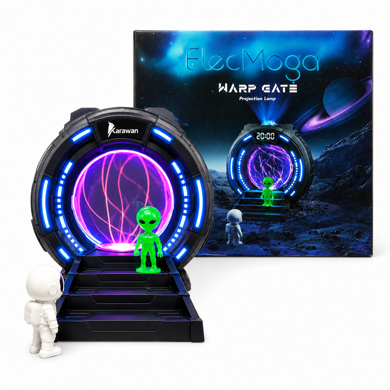 Un alien verde y un astronauta frente a un portal brillante.
