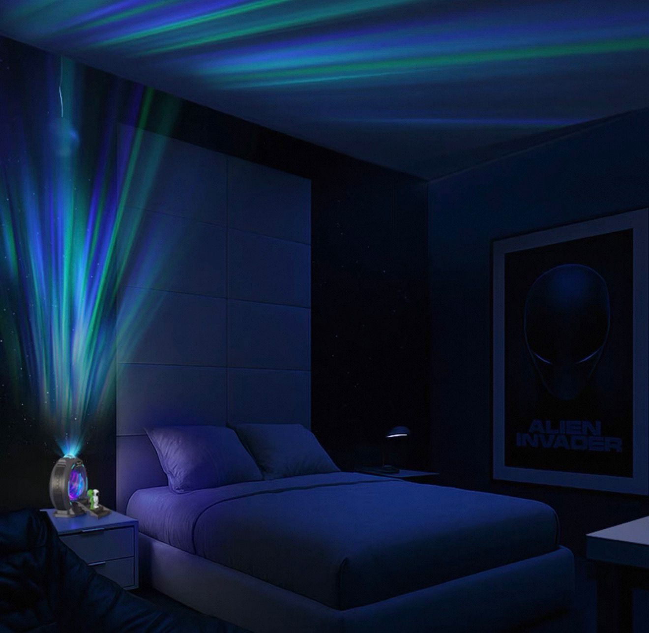 Dormitorio con proyector que muestra luces de aurora en techo y pared.