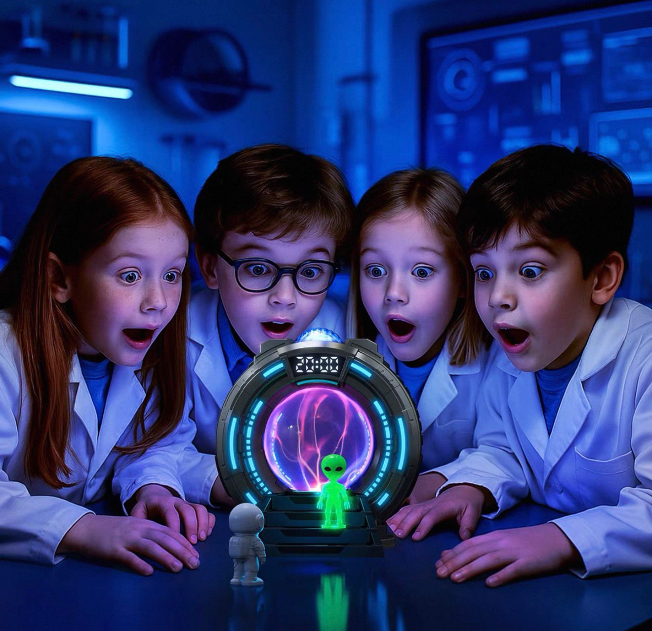 Cuatro niños con batas de laboratorio miran boquiabiertos un juguete alienígena brillante.