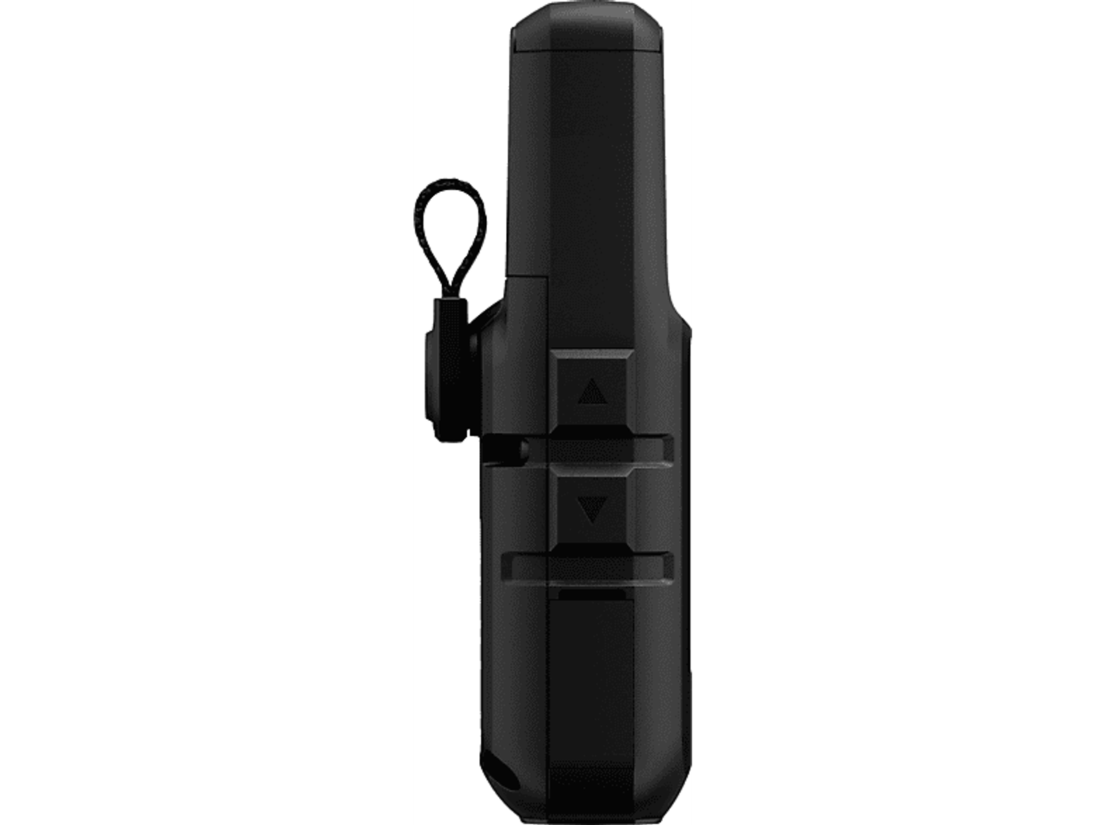 Schwarzes Handgerät mit Knöpfen und Schlaufe an der Seite.