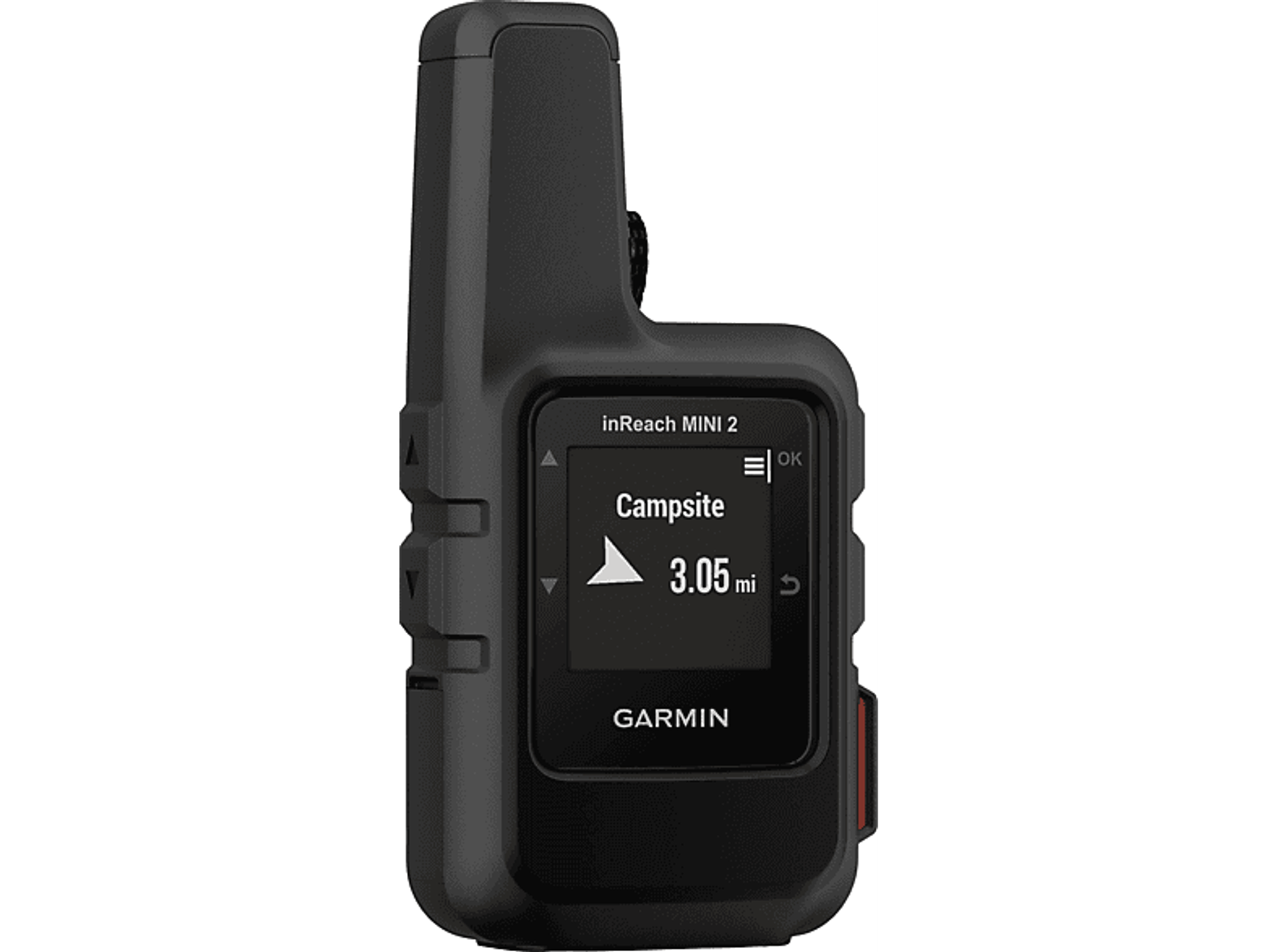 Ein schwarzes Garmin inReach Mini 2 Satellitenkommunikationsgerät zeigt eine Karte mit 3,05 Meilen zum Campingplatz.