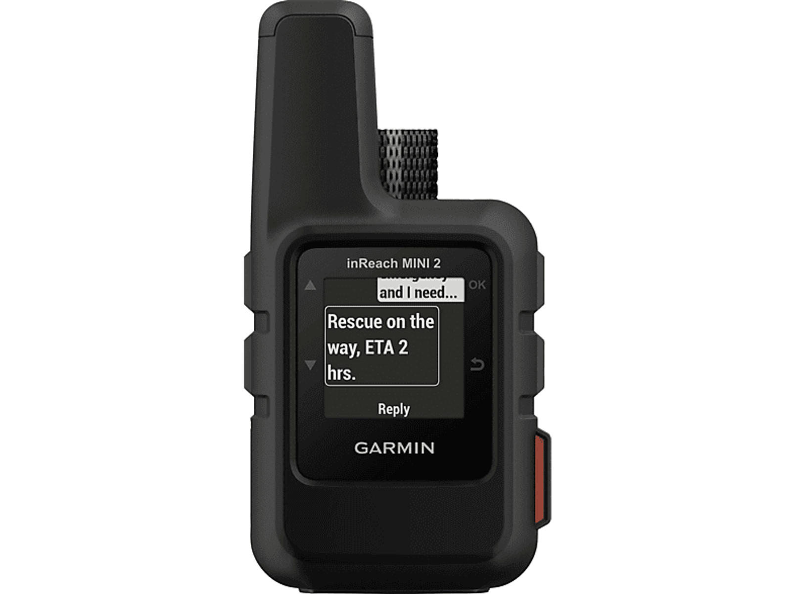 Schwarzes Garmin inReach Mini 2 Satellitengerät mit Nachricht: Rettung unterwegs, ETA 2 Std.