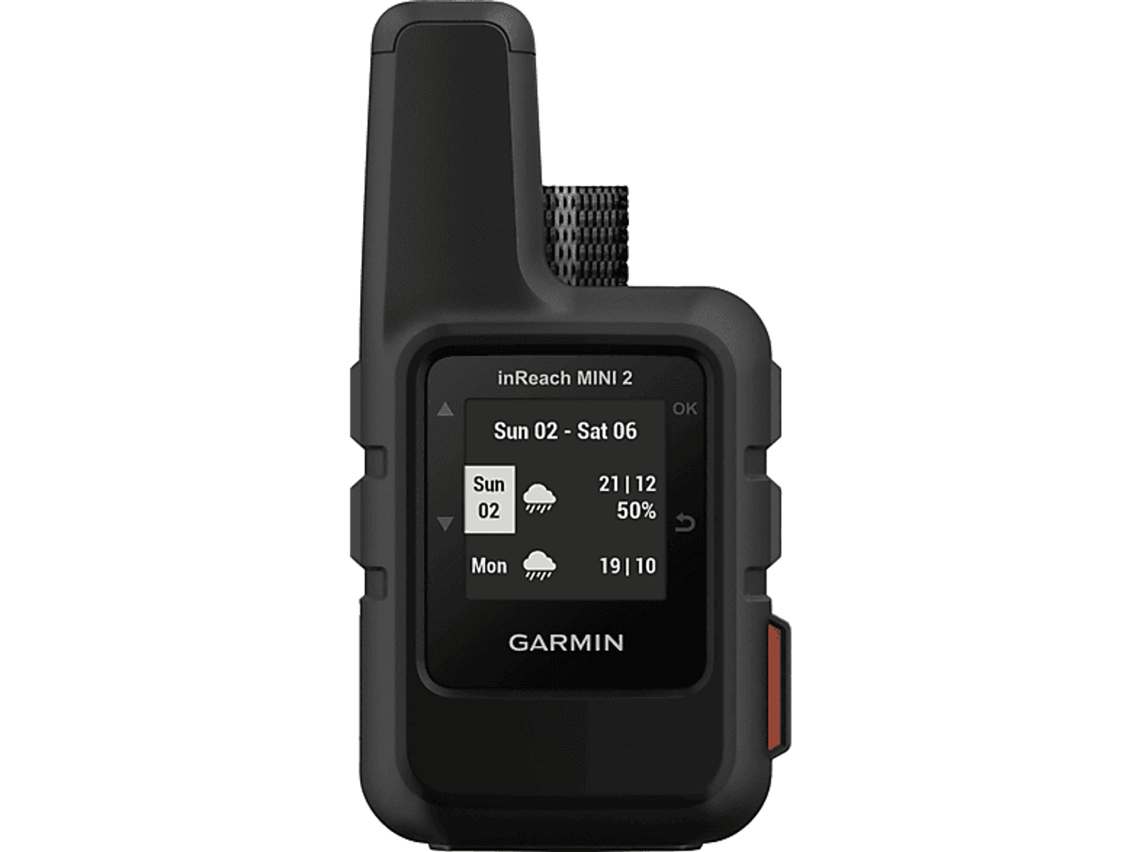 Schwarzes Garmin inReach Mini 2 mit Wettervorhersage auf dem Bildschirm.