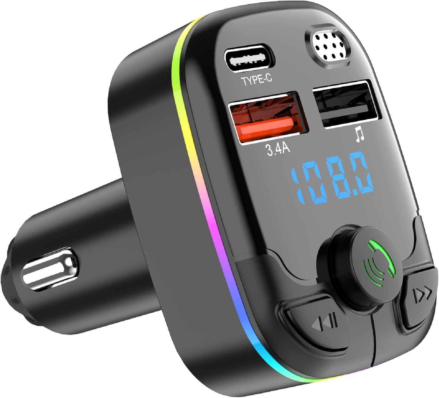Schwarzes Autoladegerät mit USB-C, 3,4A USB, Digitalanzeige und Musiksteuerung.