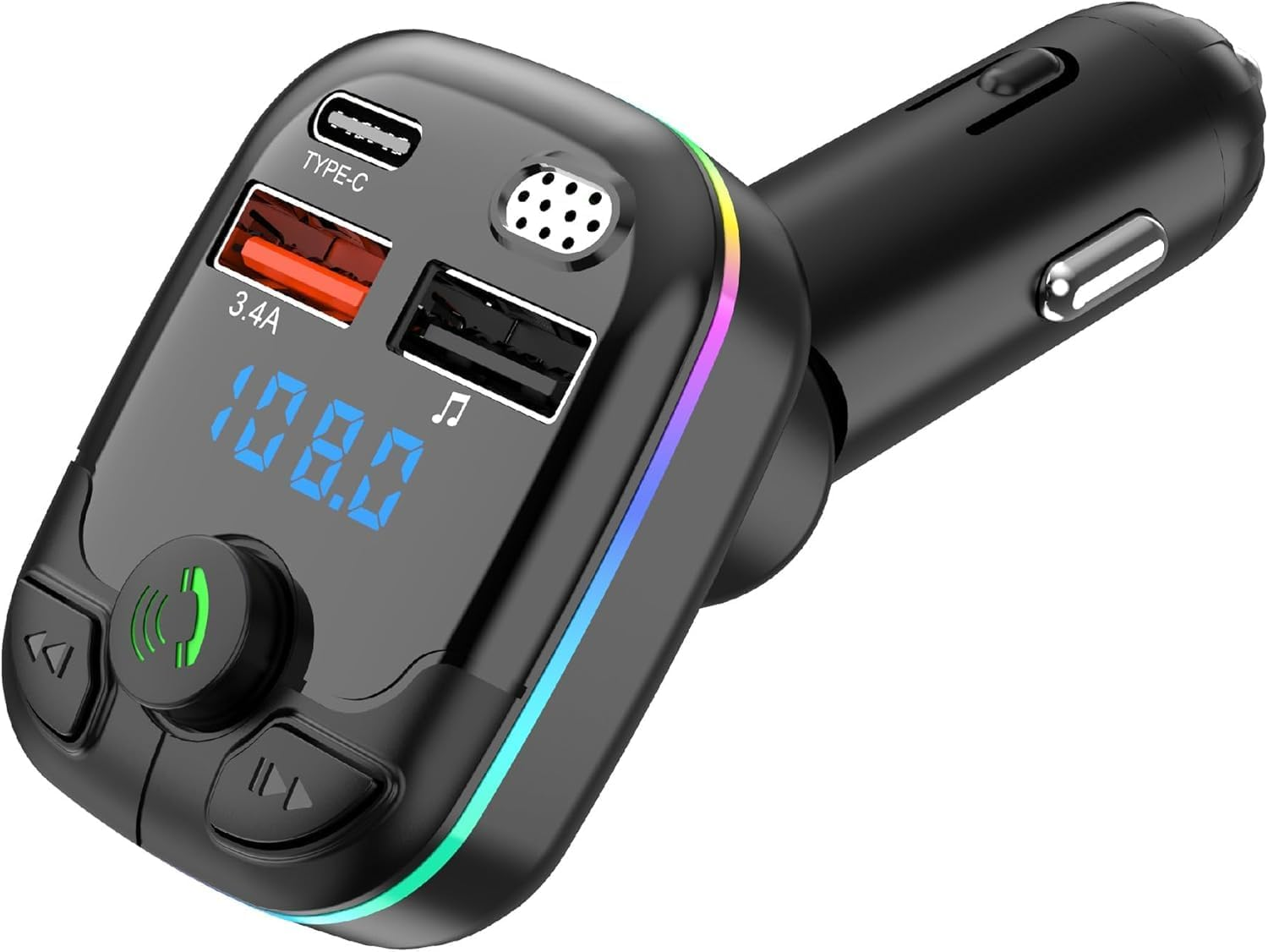 Schwarzes Autoladegerät mit USB-C, 3,4A USB-Anschlüssen und LED-Anzeige 108,0.