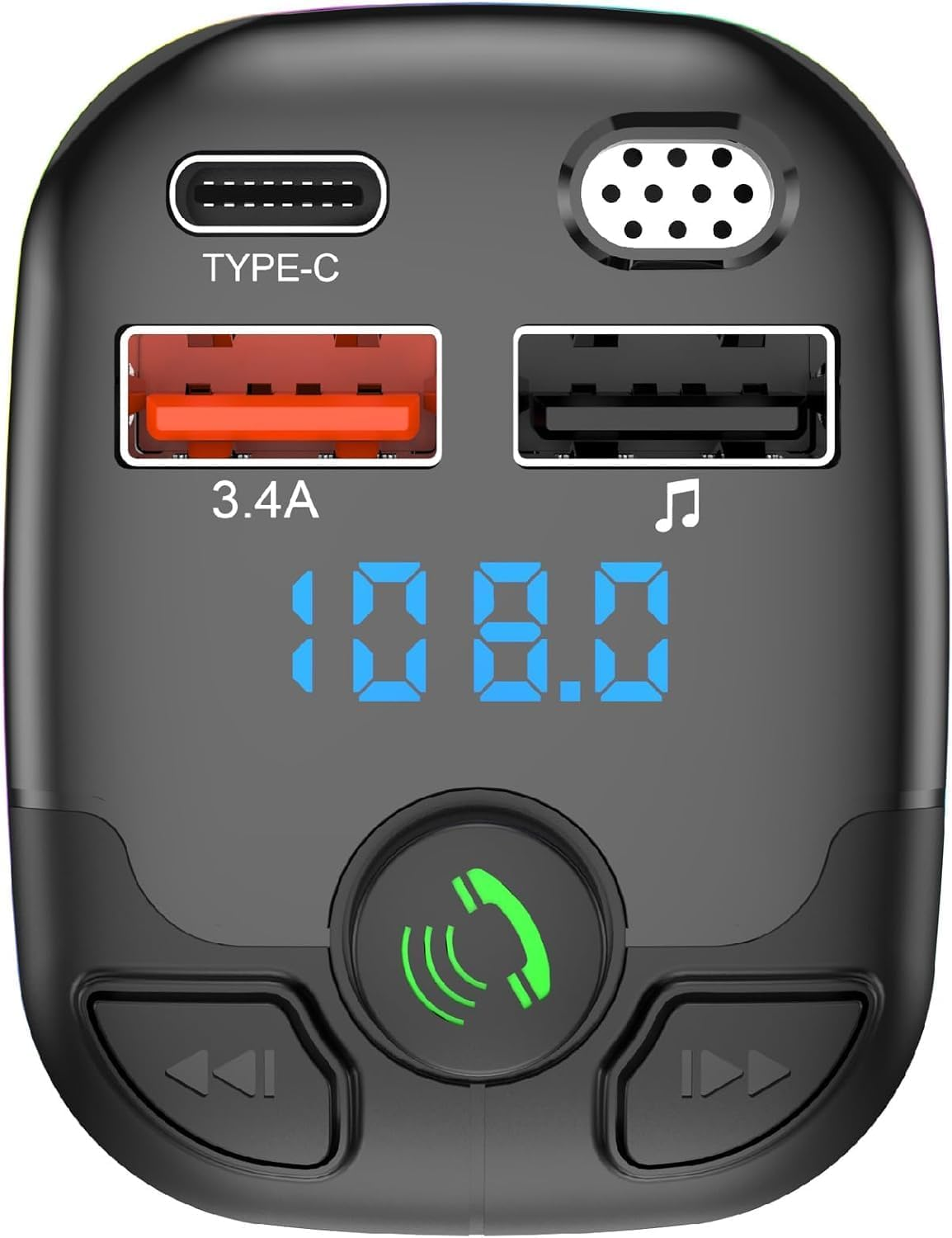 Schwarzer KFZ-Adapter mit USB-C, USB-A, Display und Tasten.