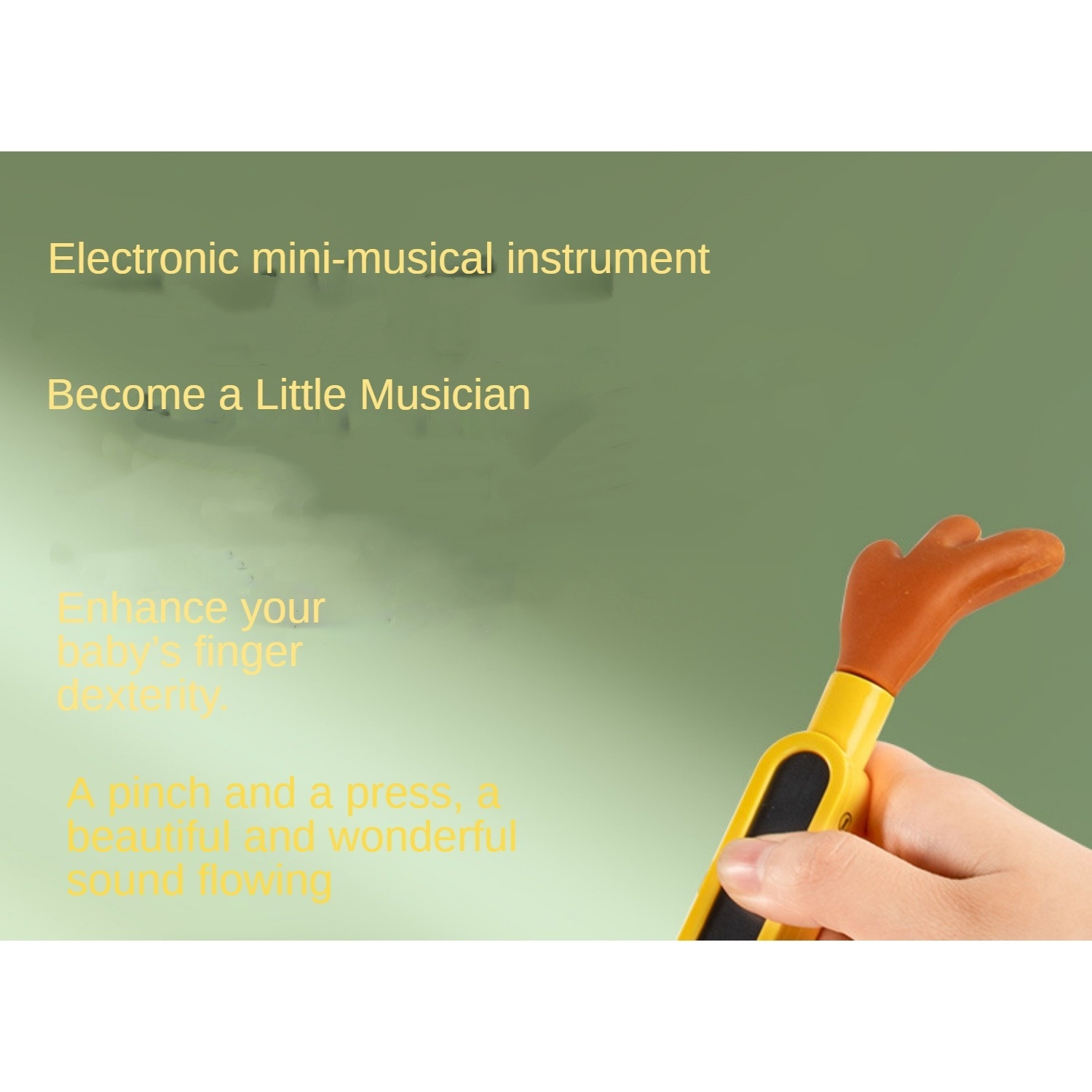 Eine Hand hält ein gelbes elektronisches Mini-Musikinstrument mit brauner Spitze.