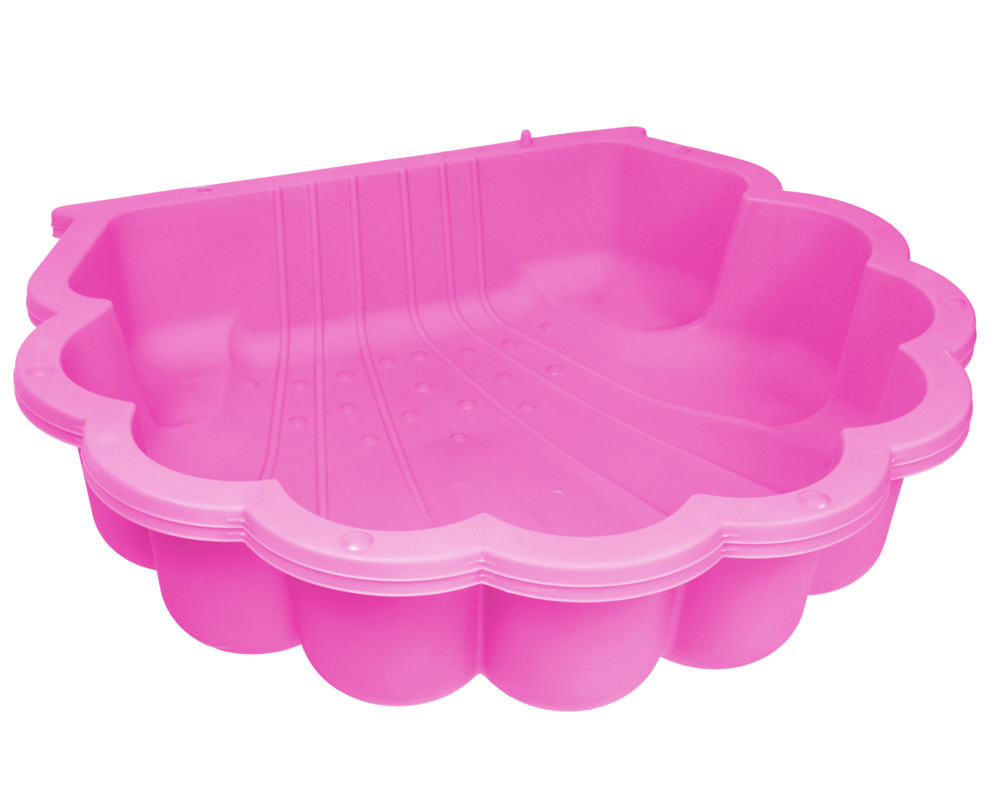 Eine leuchtend pinke Muschel-Sandform mit gerippten Wänden und gepunktetem Boden.
